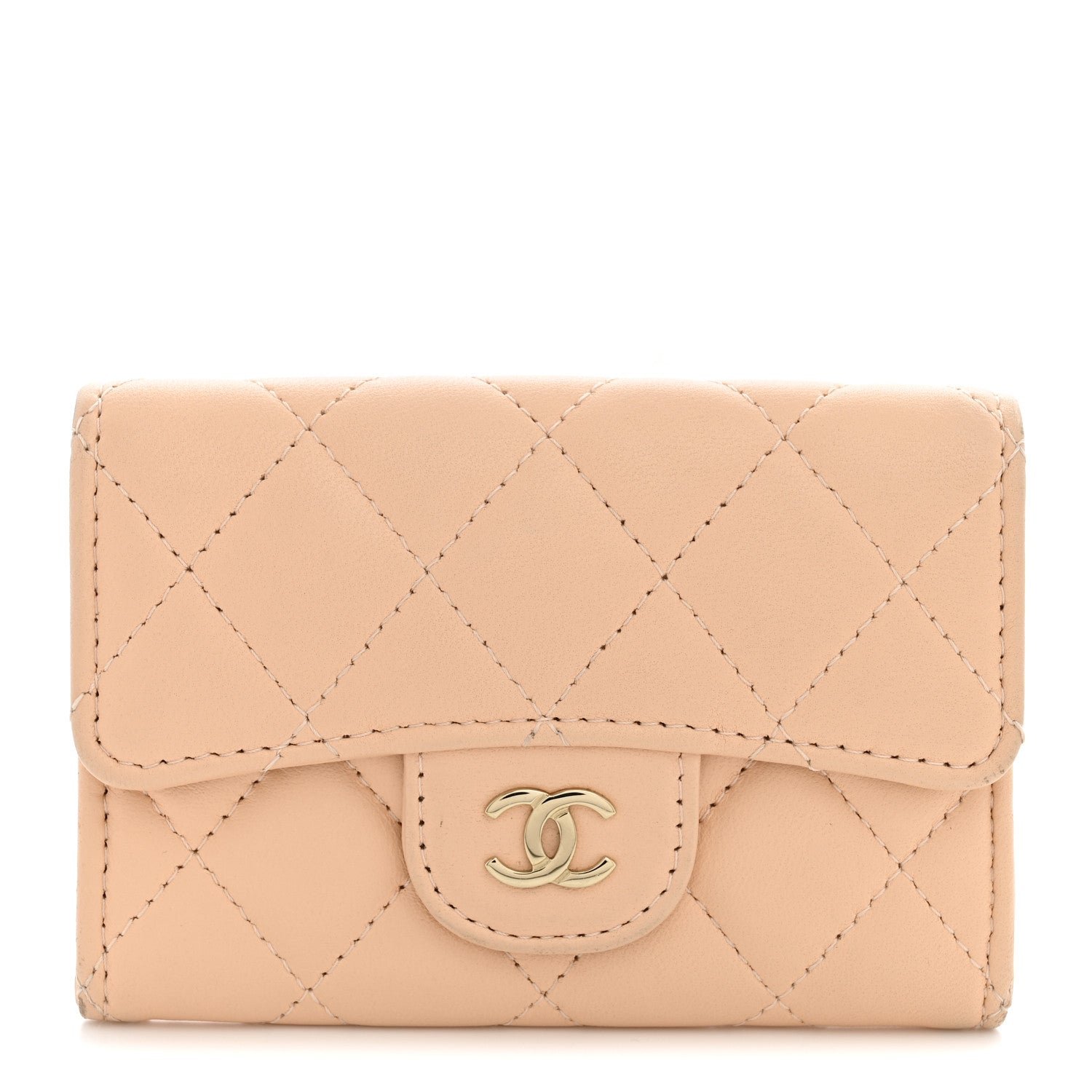 Chanel Lambskin Quilted Flap Card Holder Wallet Beige