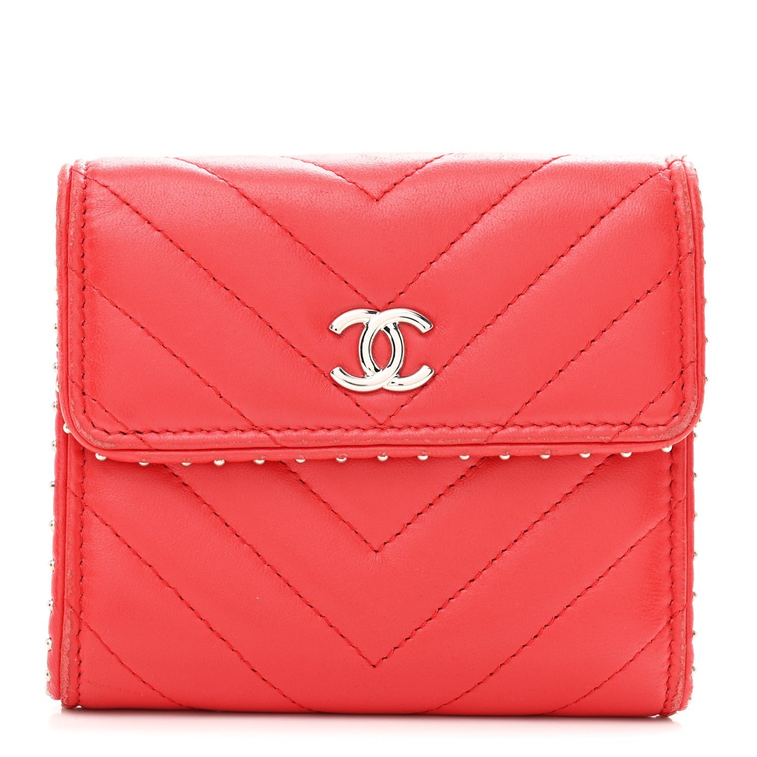 Chanel Lambskin Chevron Quilted Studded Compact Flap Wallet Red