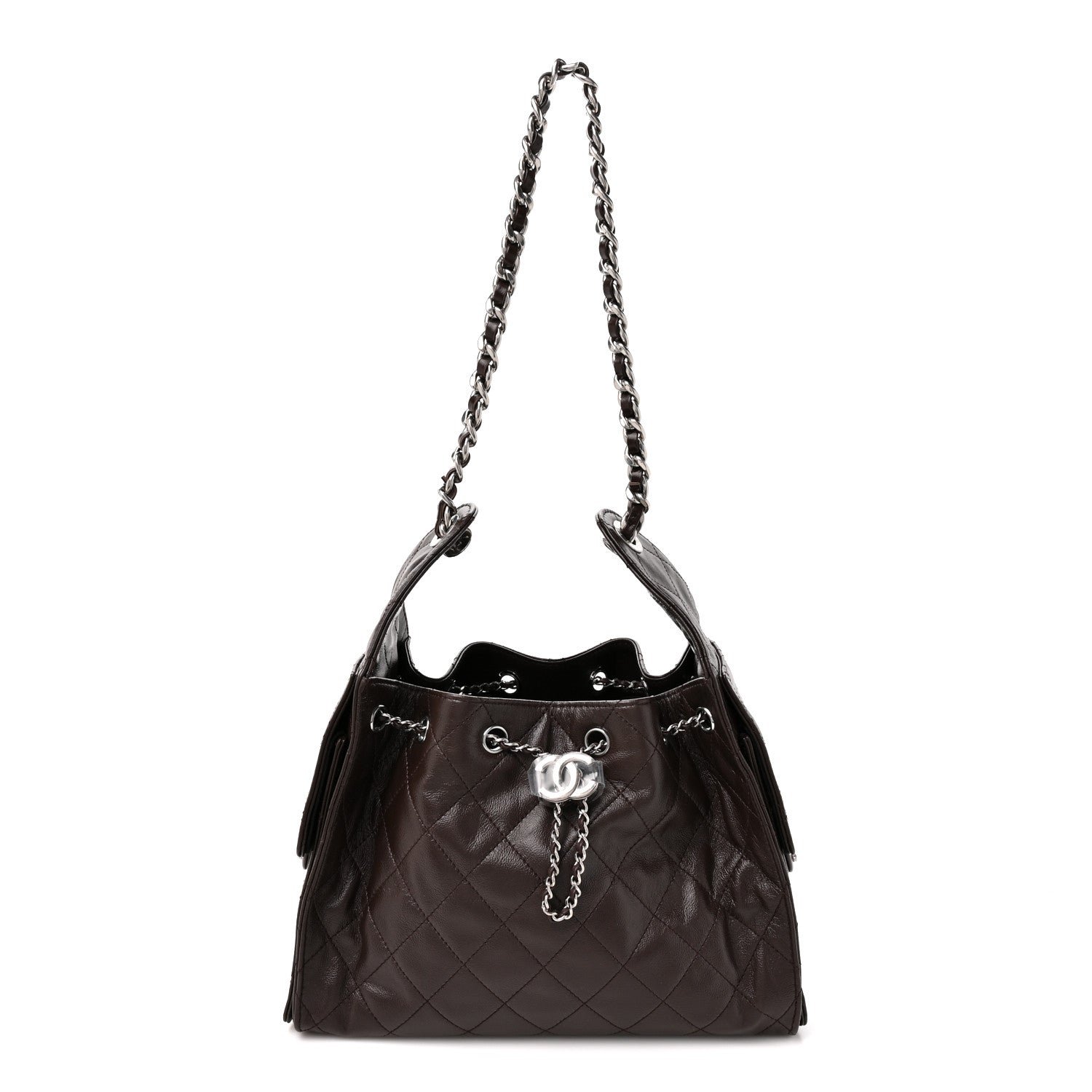 Chanel Shiny Crumpled Calfskin Quilted Small Chanel 25 Handbag Dark Brown