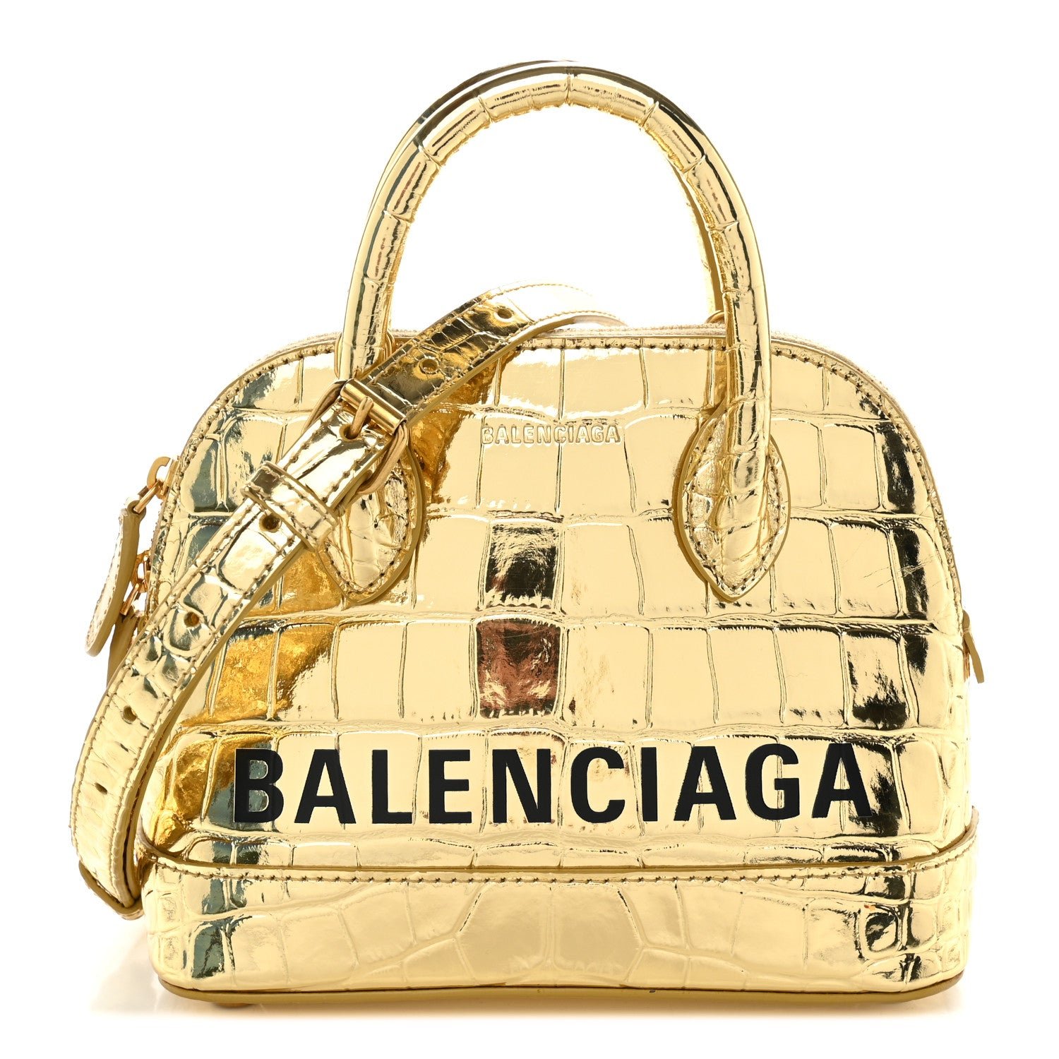 Balenciaga Metallic Calfskin Logo Crocodile Embossed XXS Ville Top Handle Bag Gold Black