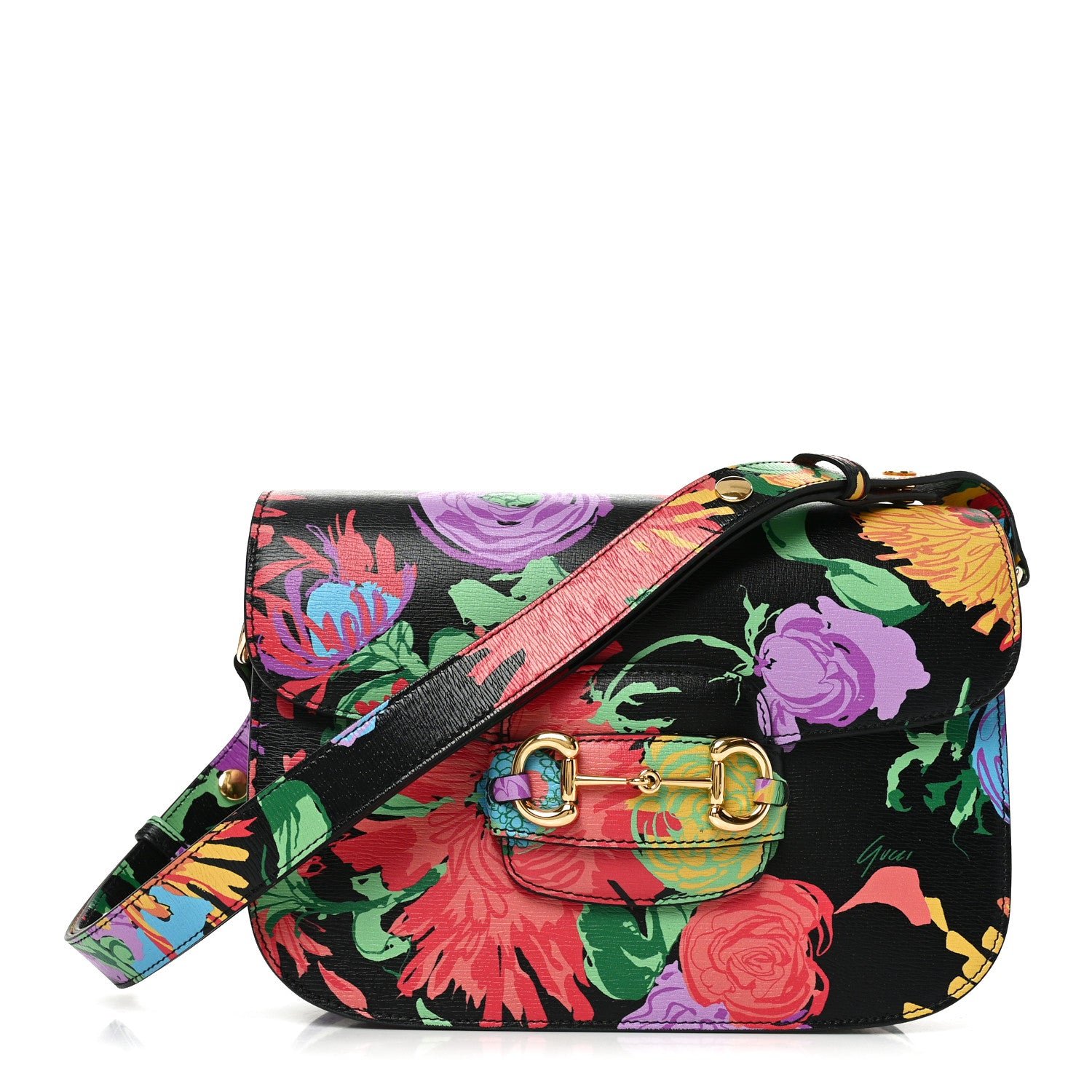 Gucci X KEN SCOTT New Shangai Calfskin Jenny Floral Print Horsebit 1955 Shoulder Bag Black Pink