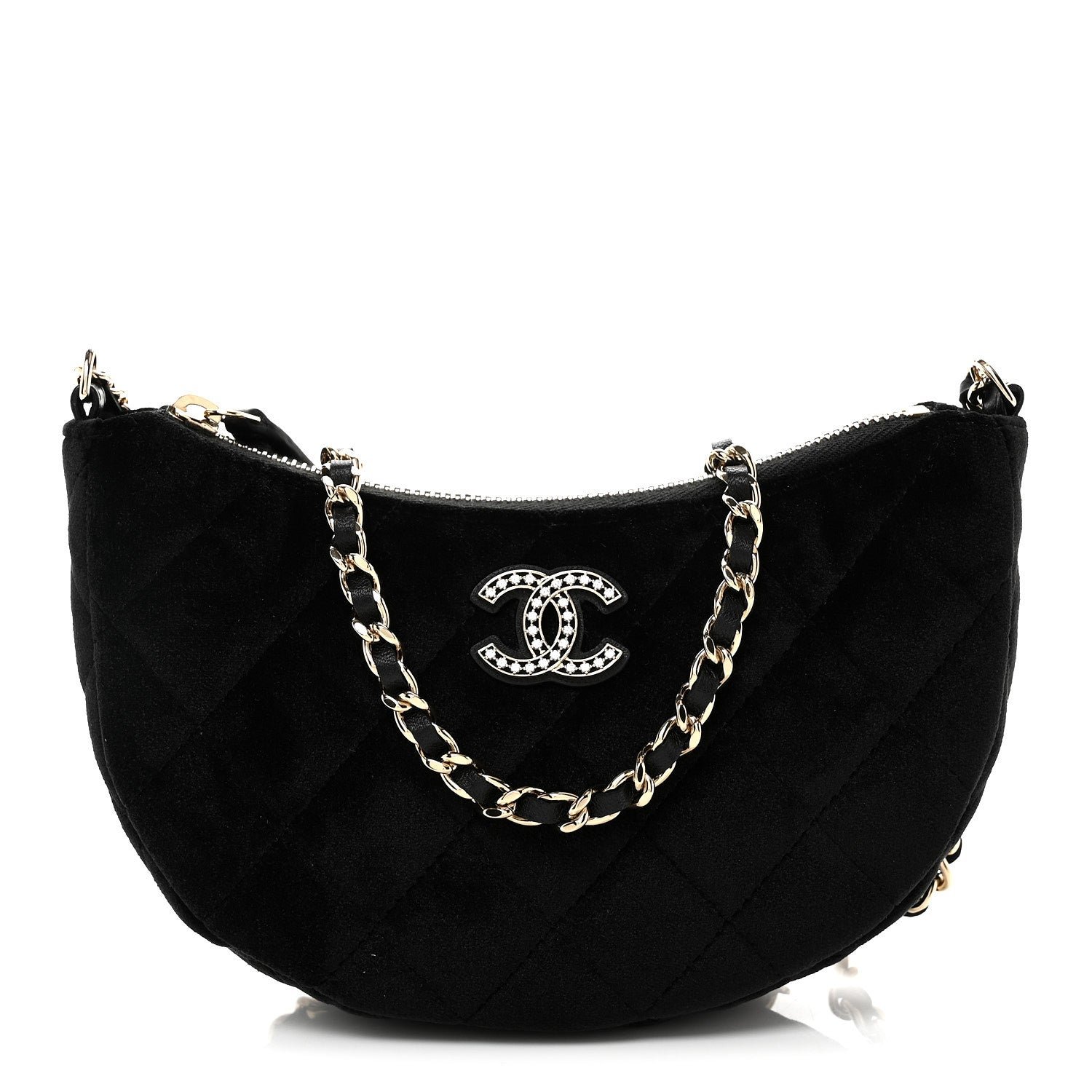 Chanel Velvet Crystal Quilted Chain Hobo Black