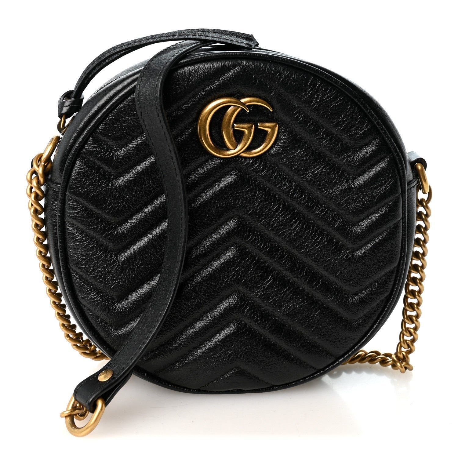 Gucci Azalea Calfskin Matelasse Heart Mini GG Marmont Round Shoulder Bag Black