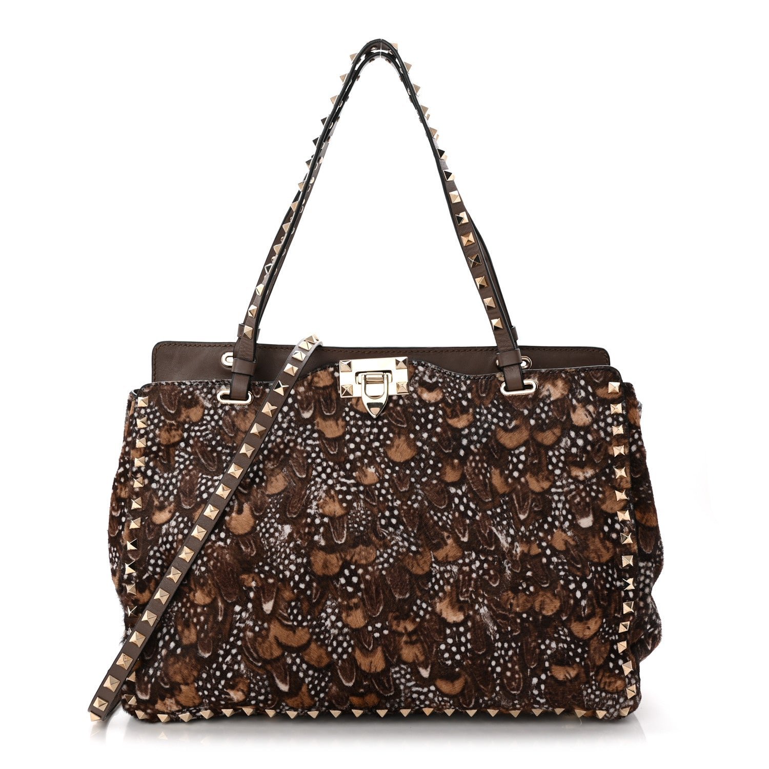 Valentino Garavani Calf Hair Feather Medium Rockstud Tote Brown