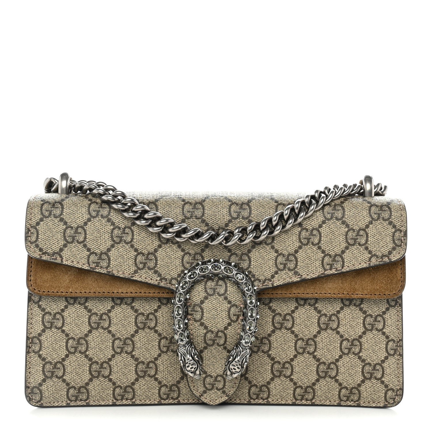 Gucci GG Supreme Monogram Suede Crystal Small Dionysus Shoulder Bag Beige Ebony Taupe