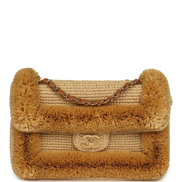 Chanel Medium "Fluffy Raffia" Flap Bag Beige Raffia Gold Hardware