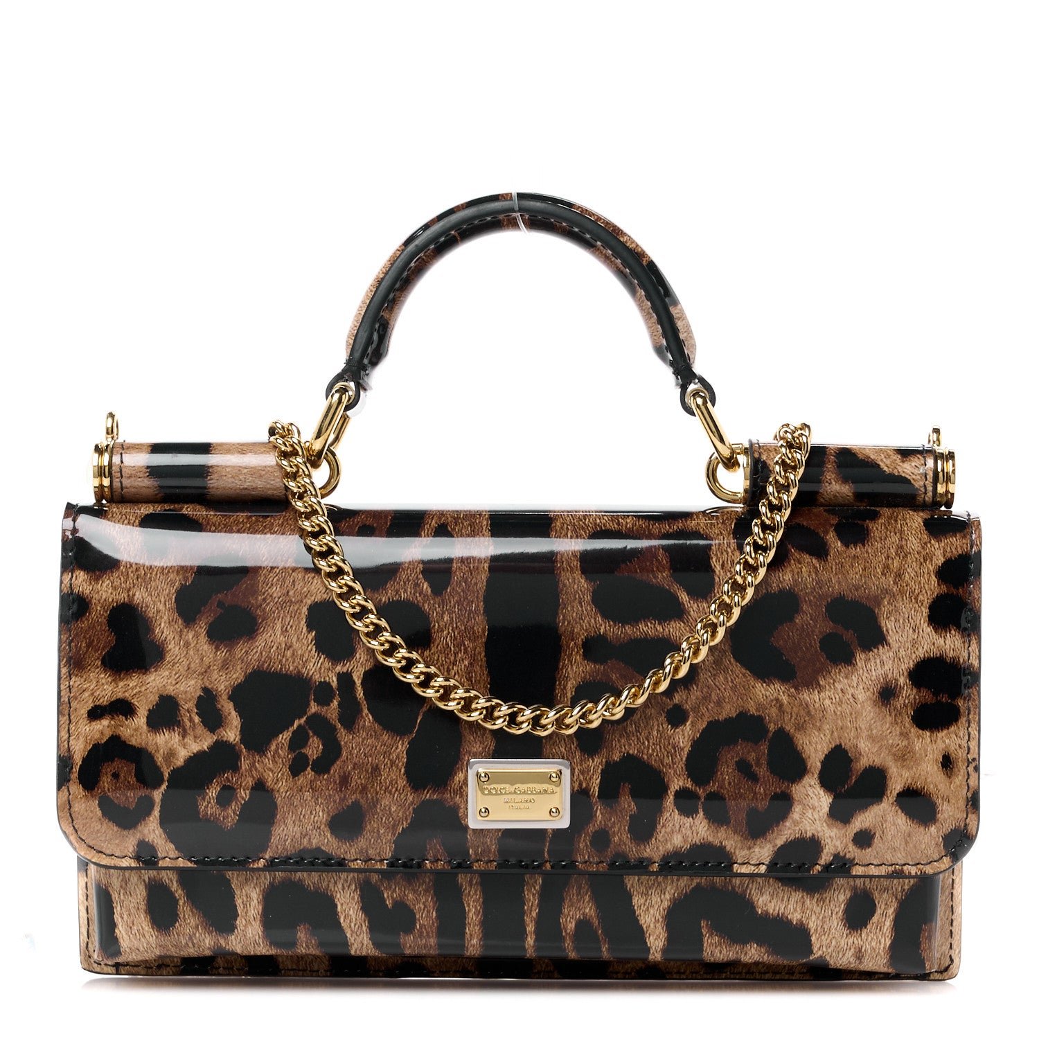 Dolce & Gabbana Patent Leopard Print Mini Miss Sicily Chain Wallet Brown Black Red