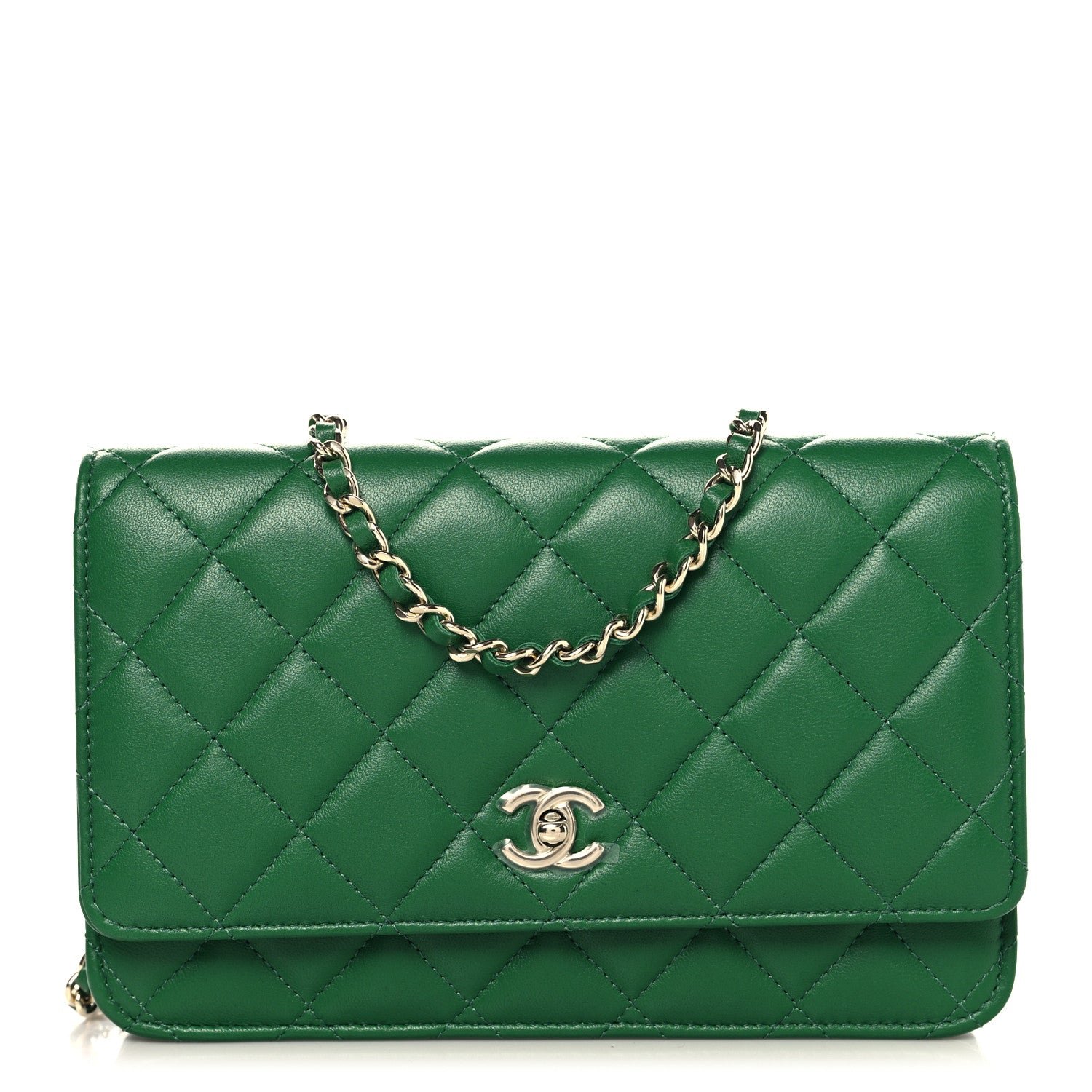 Chanel Lambskin Quilted CC Turnlock Wallet On Chain WOC Green
