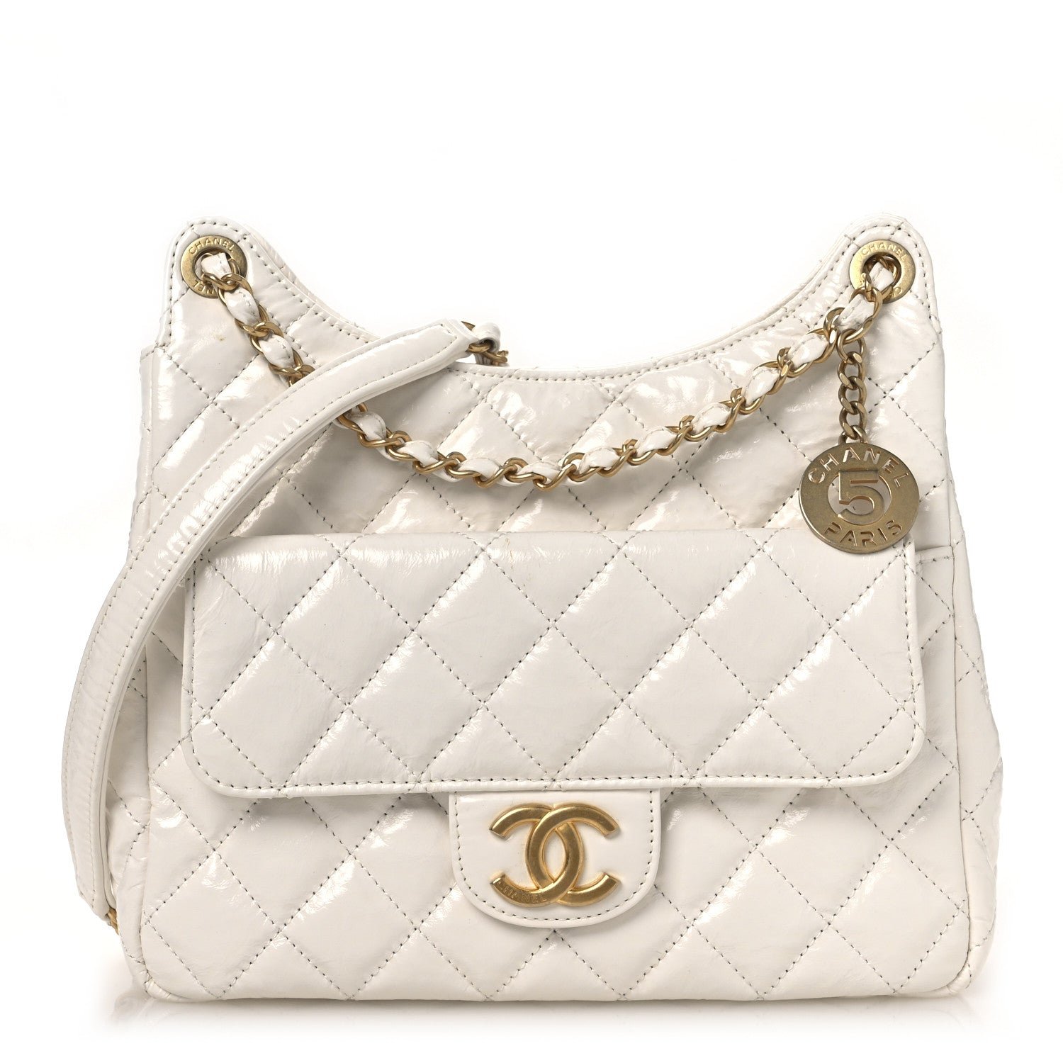 Chanel Shiny Crumpled Calfskin Quilted Wavy CC Hobo  White