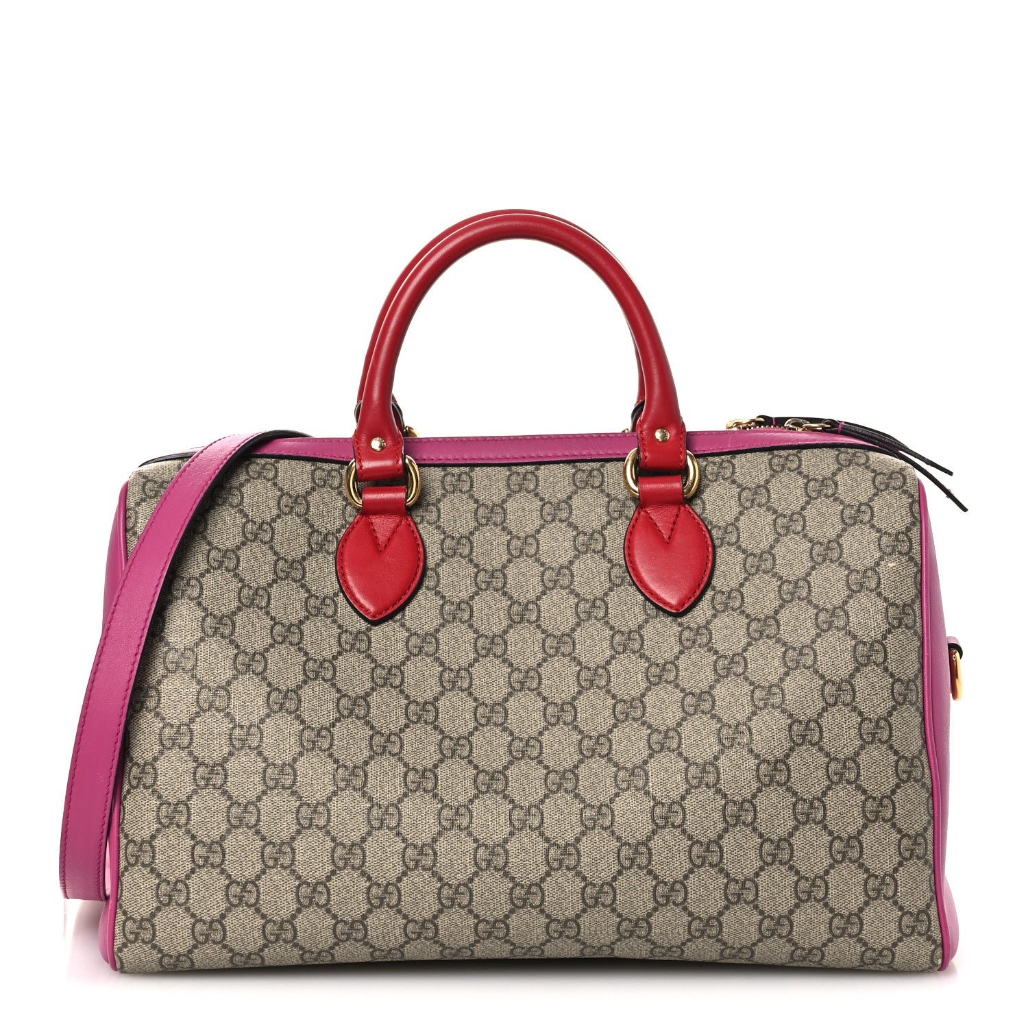 Gucci GG Supreme Monogram Medium Boston Beige Hibiscus Red New Rosette