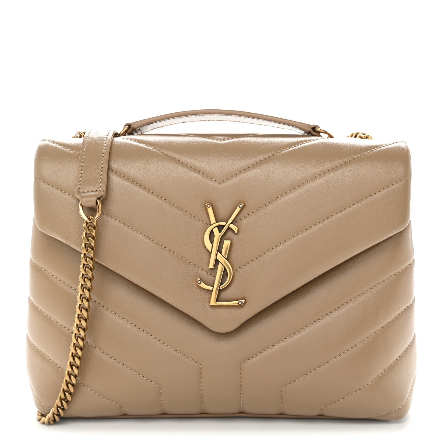 Saint Laurent Calfskin Y Quilted Monogram Small Loulou Chain Satchel Dark Beige