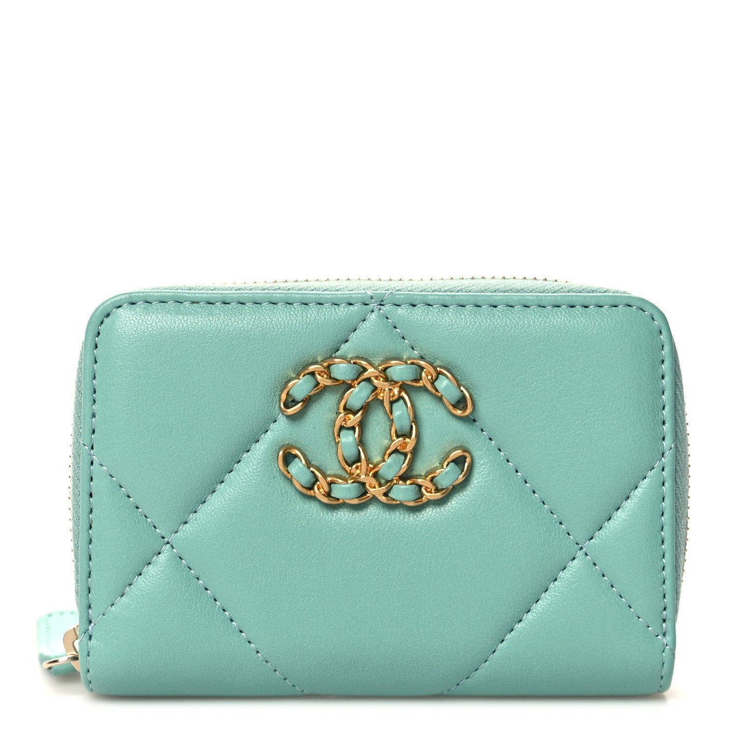 Chanel Lambskin Quilted Chanel 19 Zip Around Coin Purse Wallet Light Green