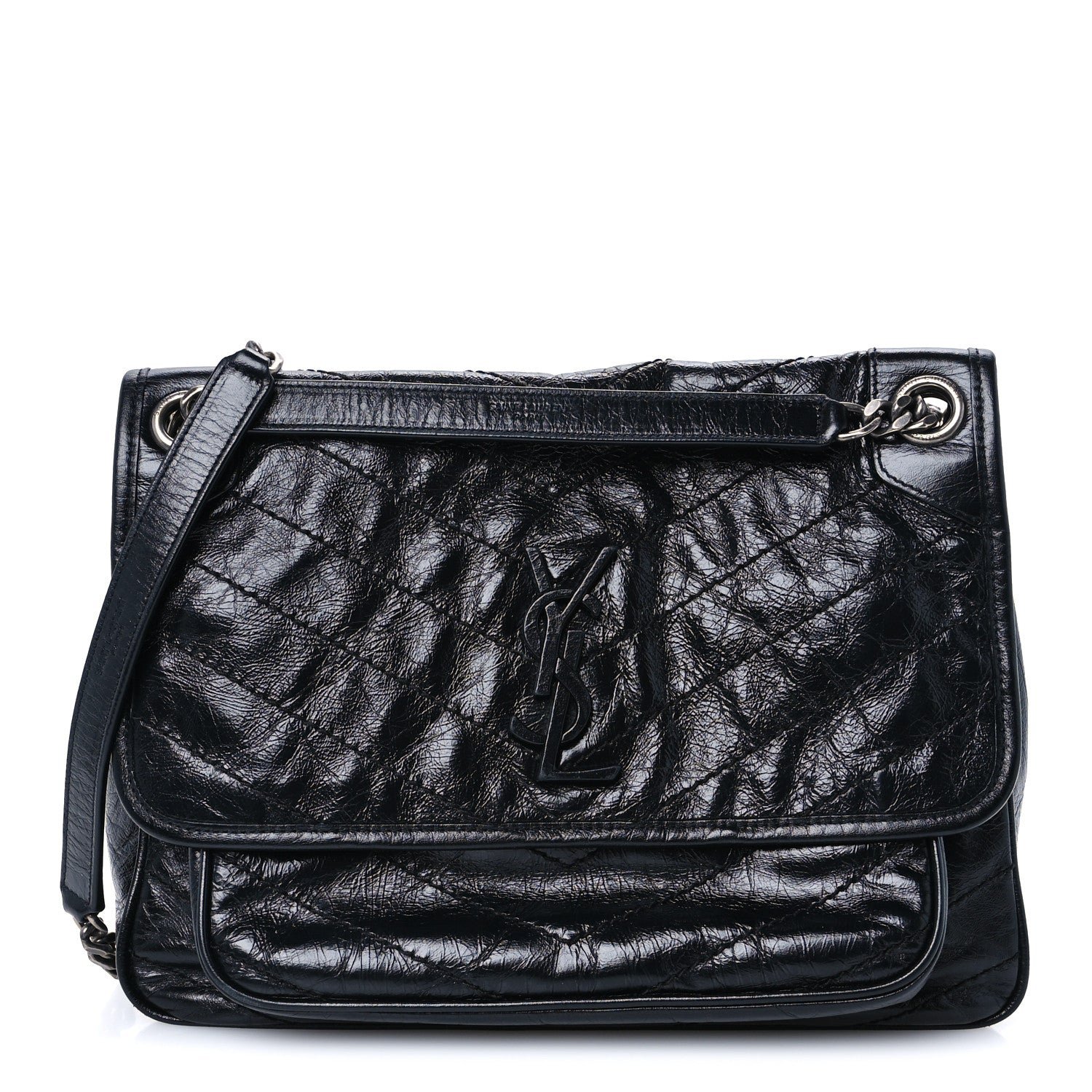 Saint Laurent Crinkled Calfskin Matelasse Monogram Medium Niki Chain Satchel Black