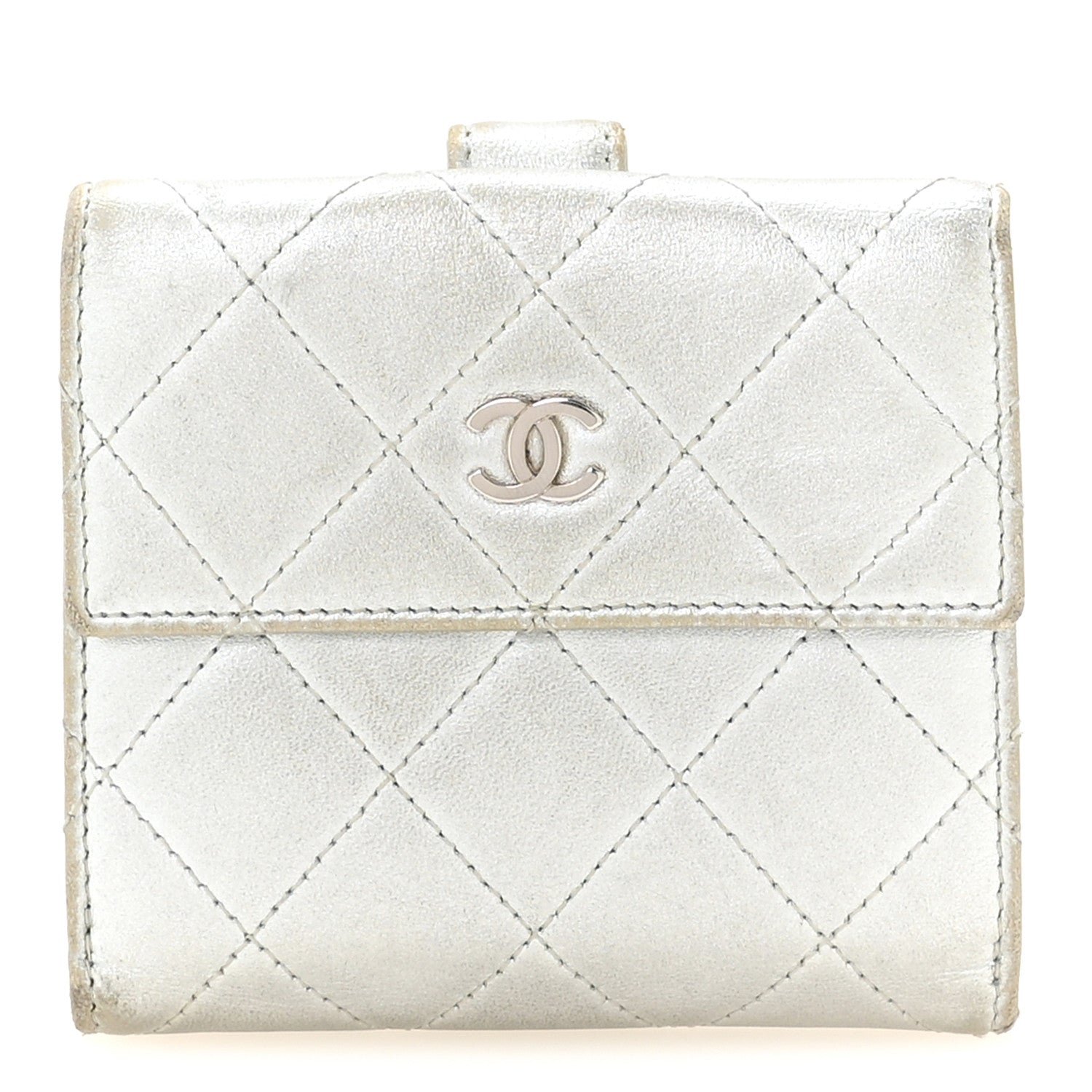 Chanel Metallic Lambskin Quilted Compact French Flap Wallet Silver