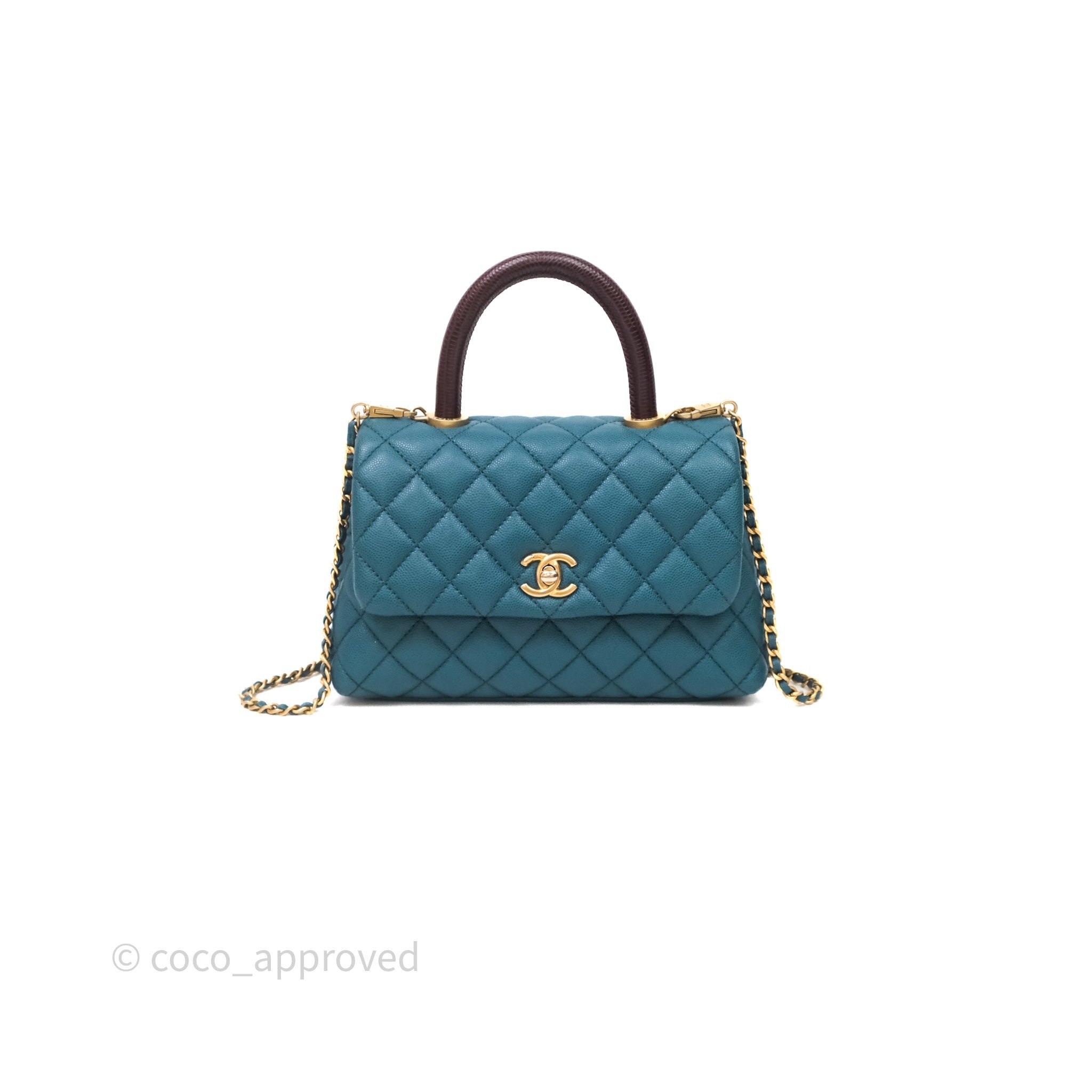 Chanel Small Coco Handle Quilted Green Caviar Aged Gold Hardware Lizard Handle