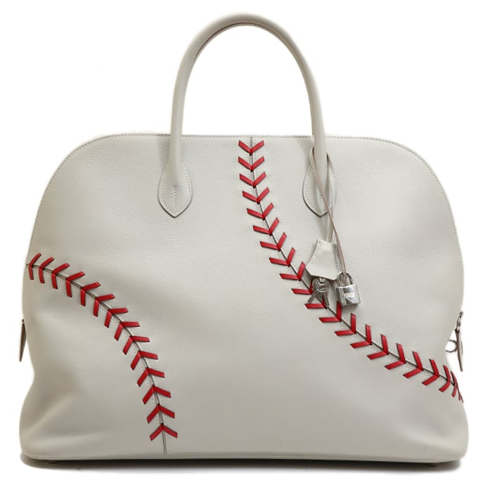 Hermes HERMÈS Limited Edition Bolide 1923 Baseball 45 handbag in Pearl Gray and Rouge Casaque Evercolor leather with Palladium hardware