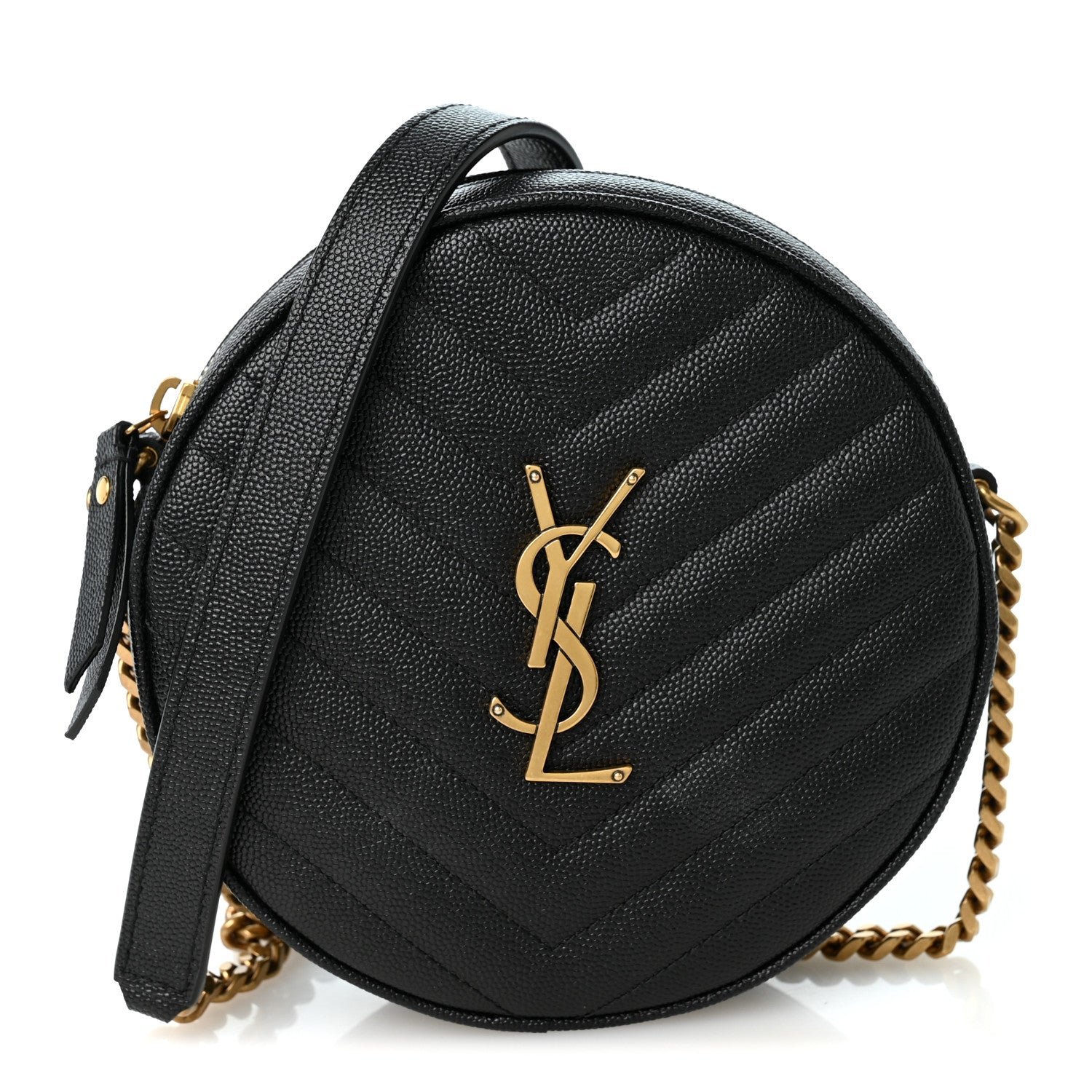 Saint Laurent Grain De Poudre Matelasse Chevron Quilted Round Vinyle Camera Bag Black