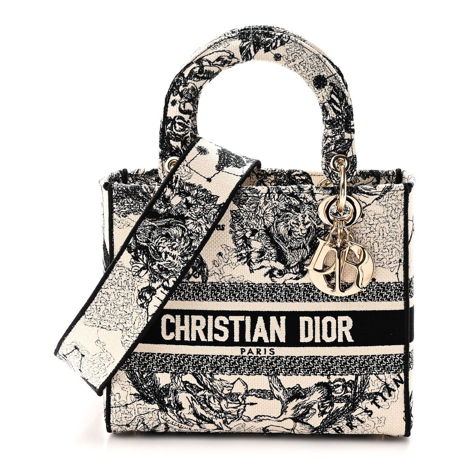 Christian Dior Canvas Embroidered Zodiac Toile De Jouy Medium Lady D-Lite Latte