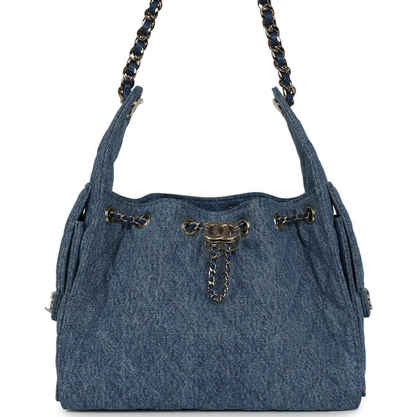 Chanel Small 25 Hobo Bag Blue Washed Denim Light Gold Hardware