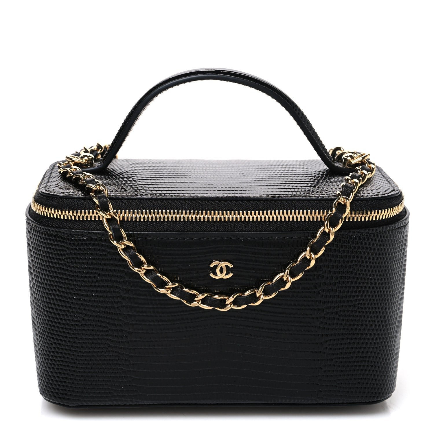 Chanel Calfskin Lizard Embossed Top Handle Vanity With Chain Black