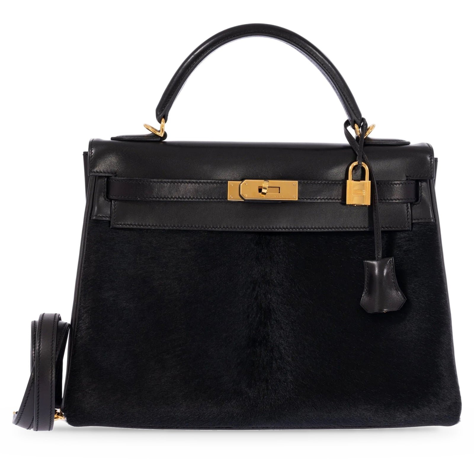 Hermès Kelly 32 Retourne Noir Box Calf and Pony Skin Gold Hardware