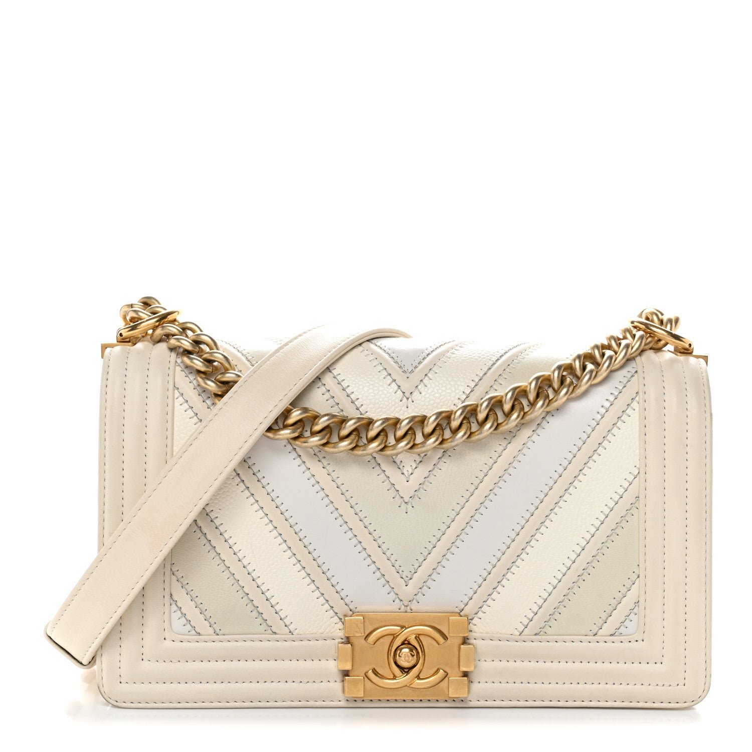 Chanel Caviar Suede Calfskin Chevron Medium Boy Flap White