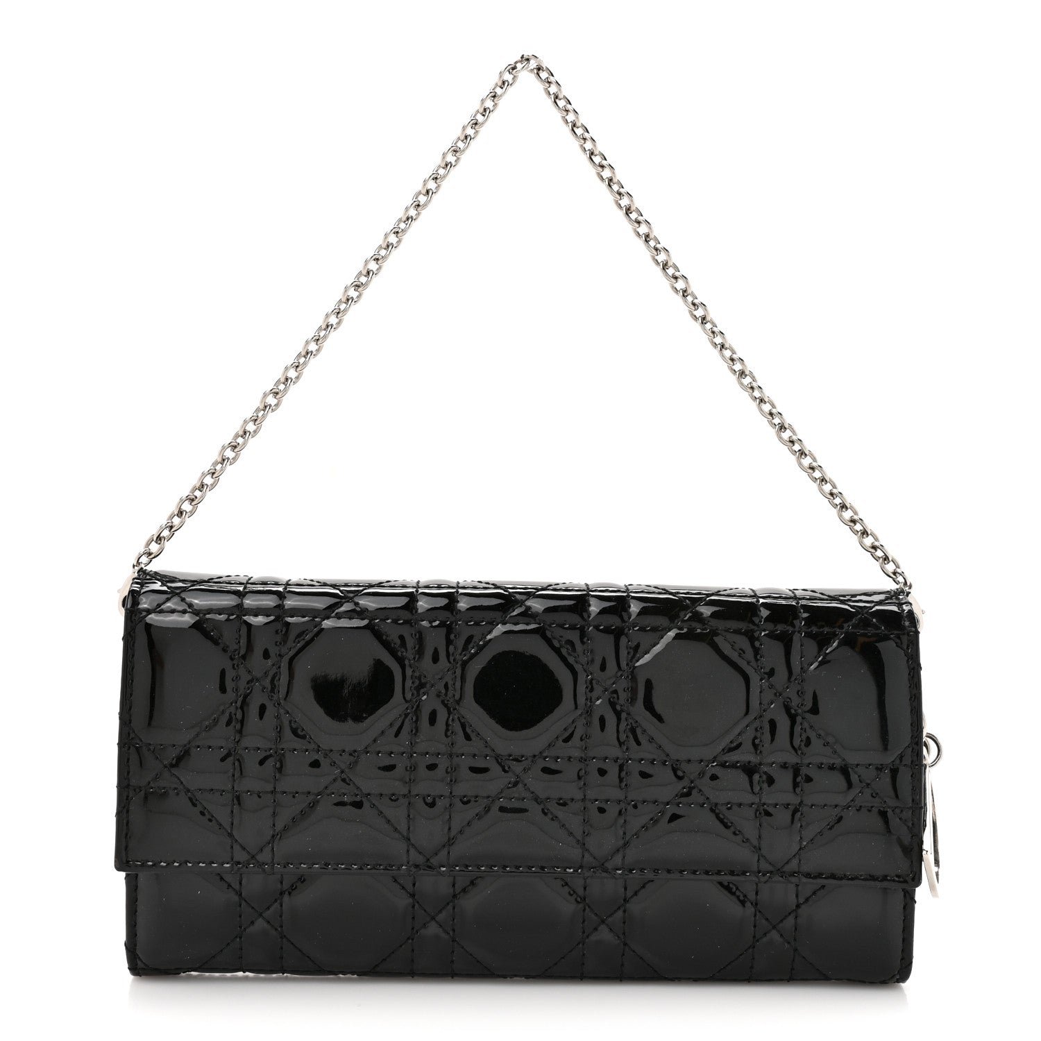 Christian Dior Patent Lambskin Cannage Lady Dior Rendezvous Wallet On Chain Black