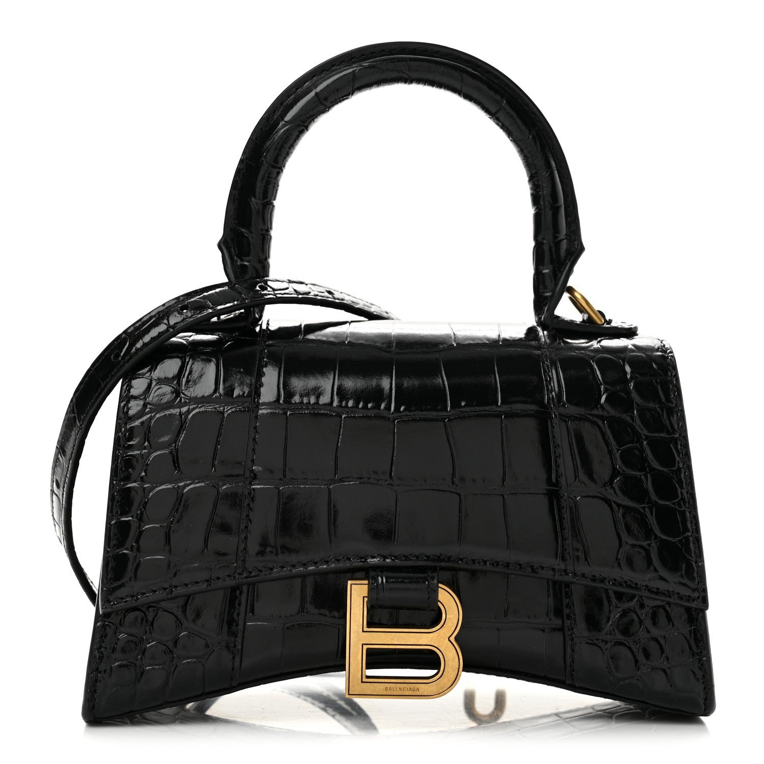 Balenciaga Shiny Calfskin Crocodile Embossed Hourglass Top Handle Bag XS Black