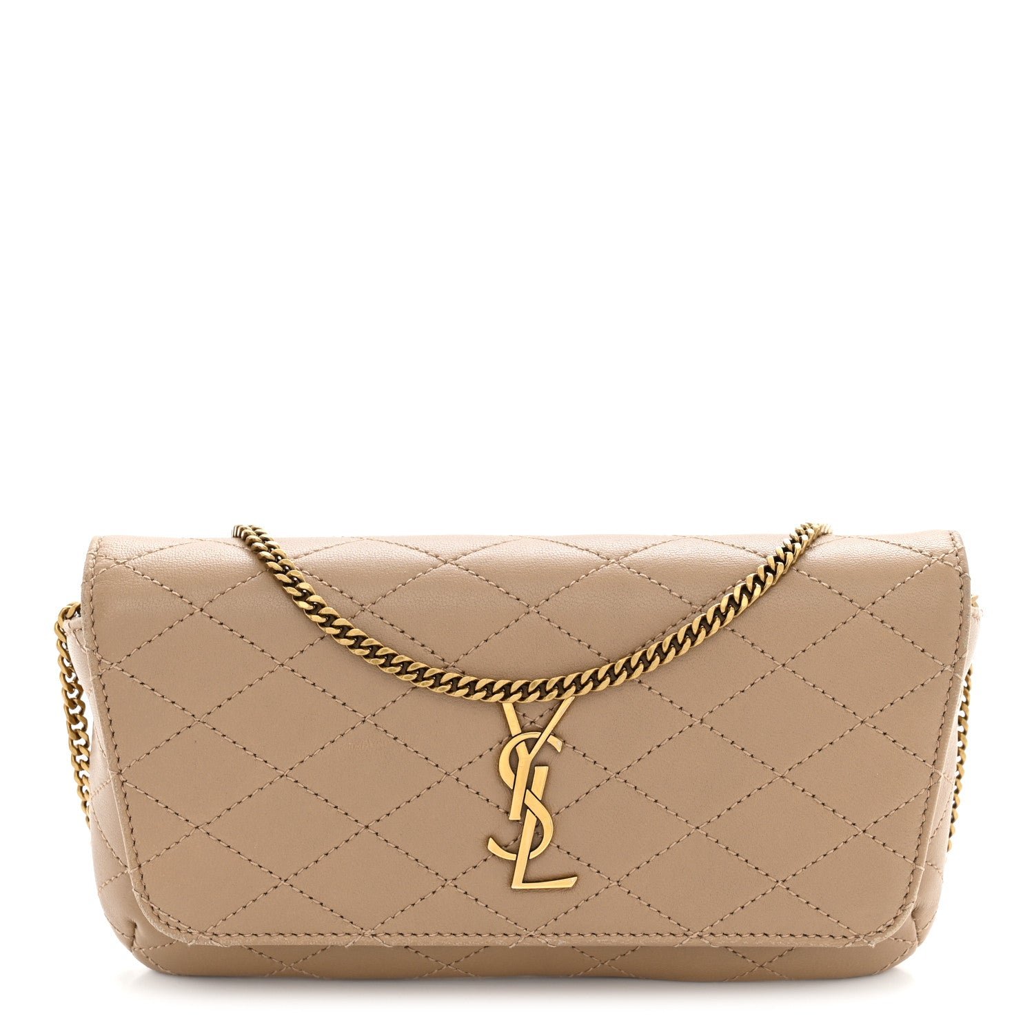Saint Laurent Lambskin Quilted Gaby Phone Holder Crossbody Dark Toffee