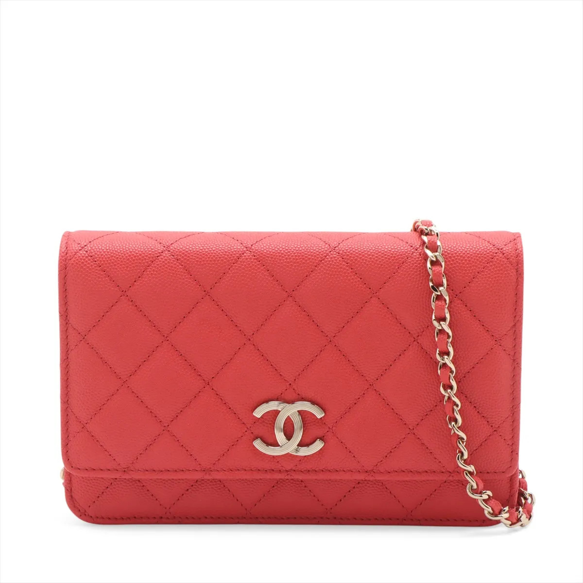 Chanel Matelasse Caviar Skin Chain Wallet Red Gold Metal Fittings random plate A