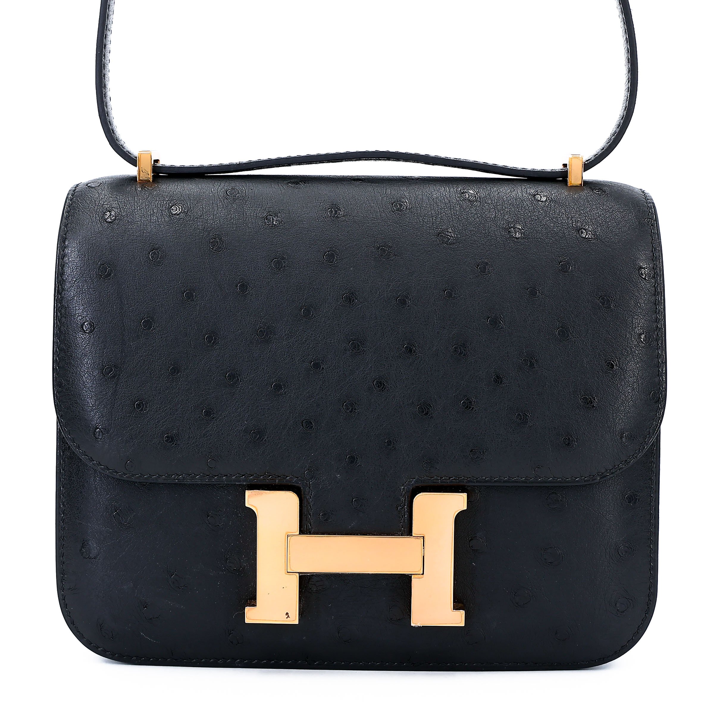Hermes Excellent ( Rank SA ) HERMÈS Constance Mini Noir (89) Ostrich Rose Gold hardware Y (2020)