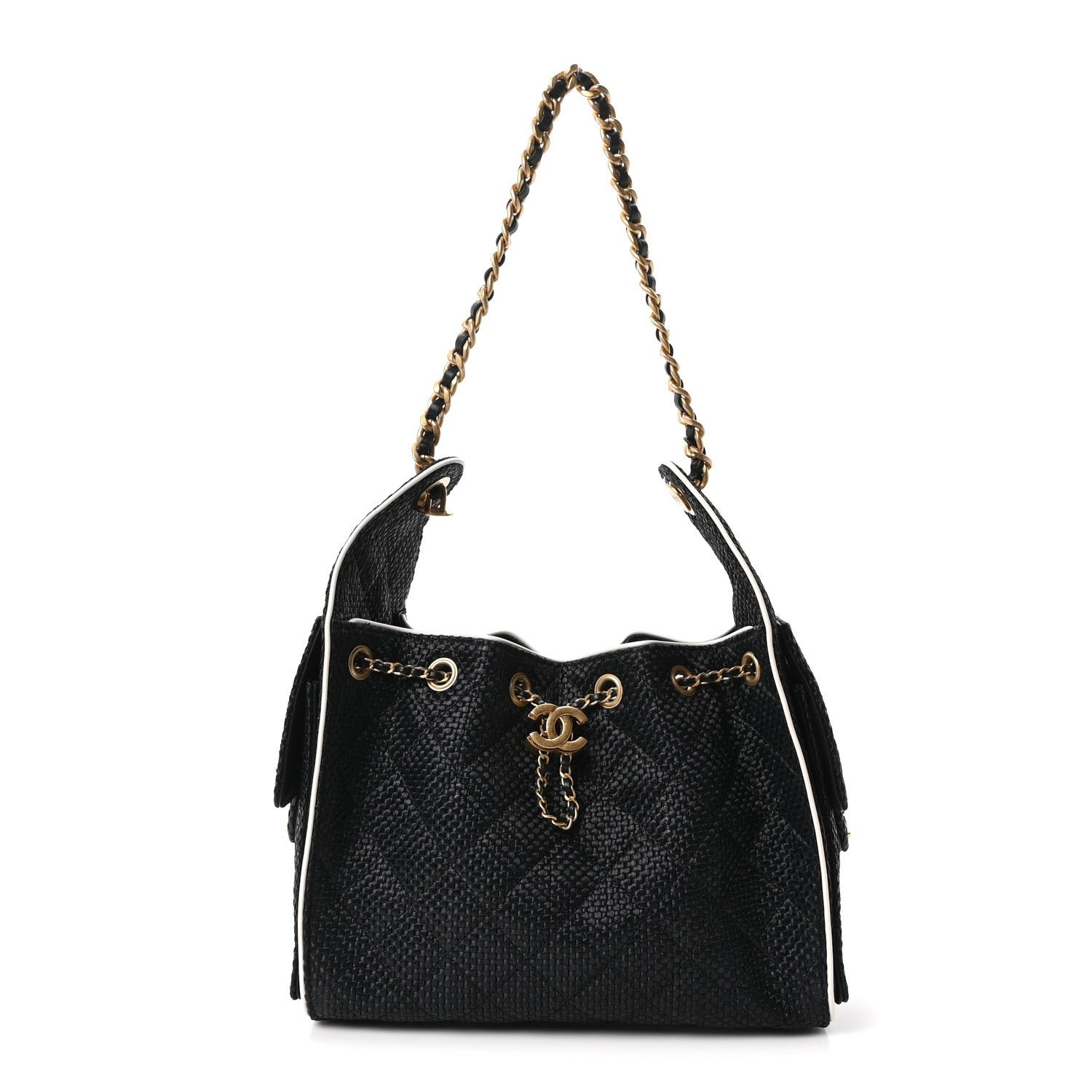 Chanel Braided Raffia Calfskin Quilted Small Chanel 25 Handbag Black White