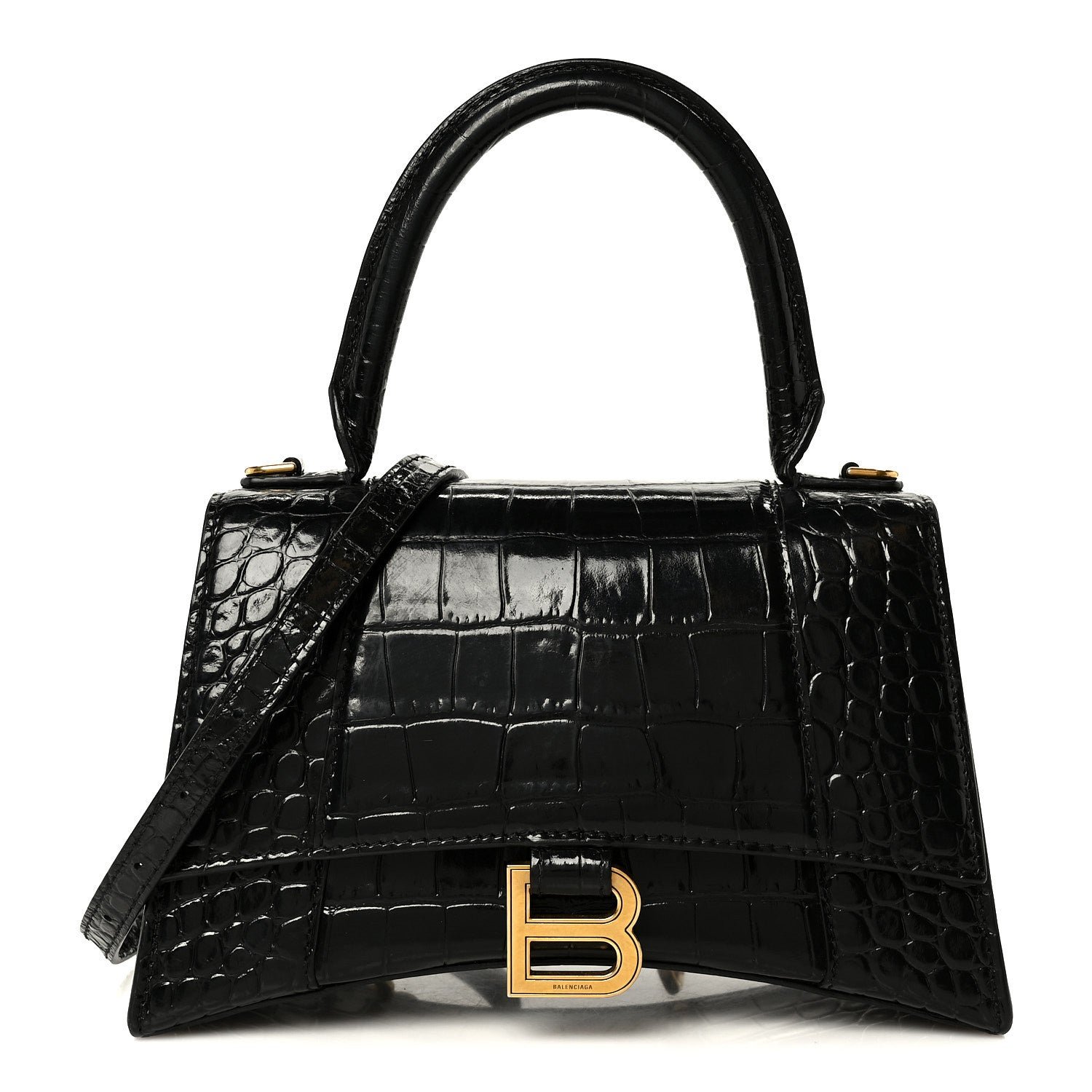 Balenciaga Balenciaga Shiny Calfskin Crocodile Embossed Small Hourglass Top Handle Bag Black