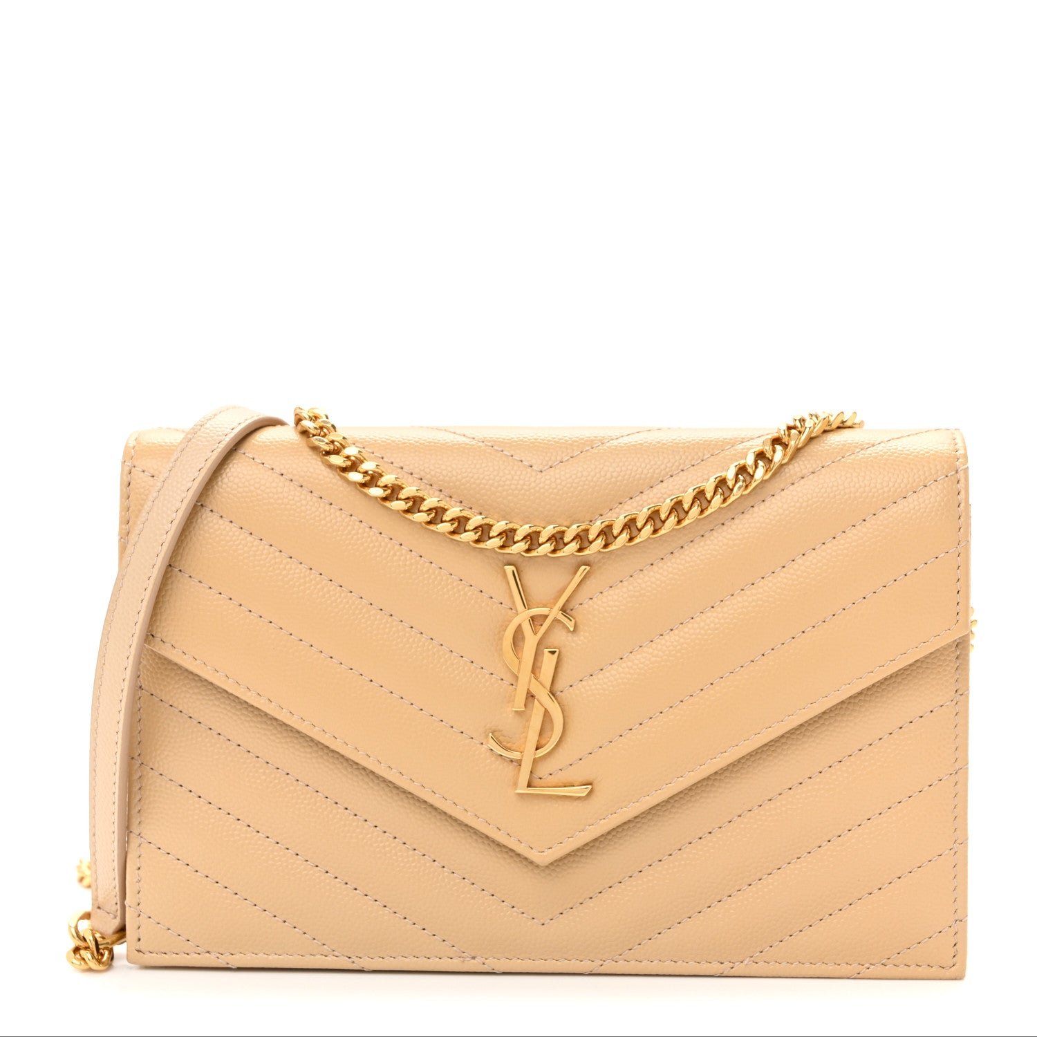 Saint Laurent Grain De Poudre Matelasse Chevron Monogram Envelope Chain Wallet Nude Powder