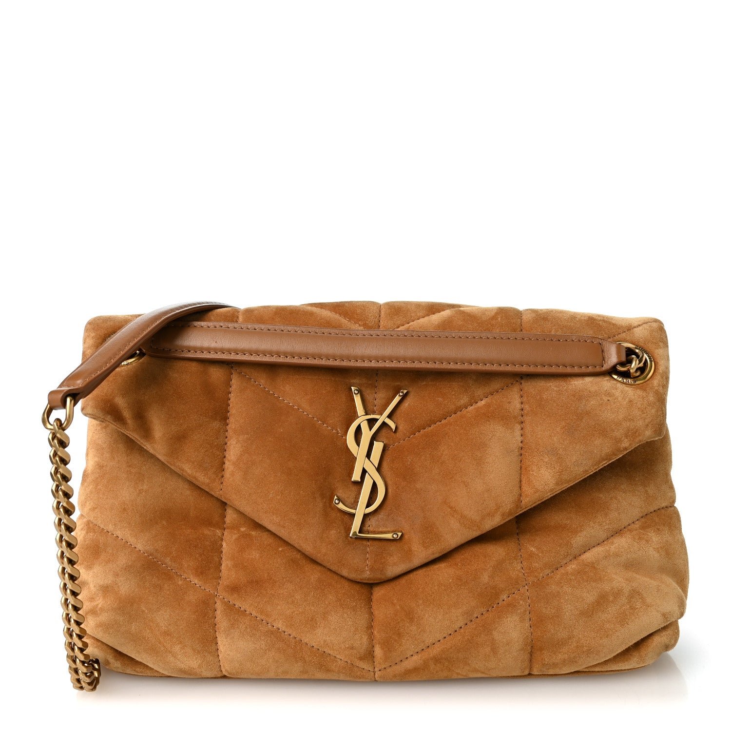 Saint Laurent Suede Calfskin Quilted Small Loulou Puffer Monogram Chain Satchel Cinnamon