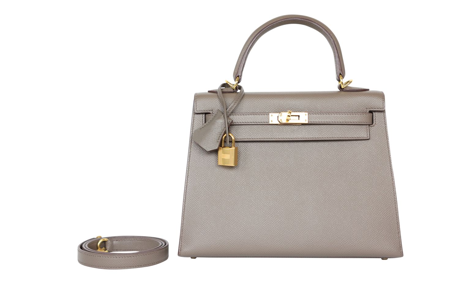 Hermes Kelly 25 Handbag, Gray Gris Etain Epsom Leather and Gold Hardware, Y 2020 Stamp, Preowned in Box WA001
