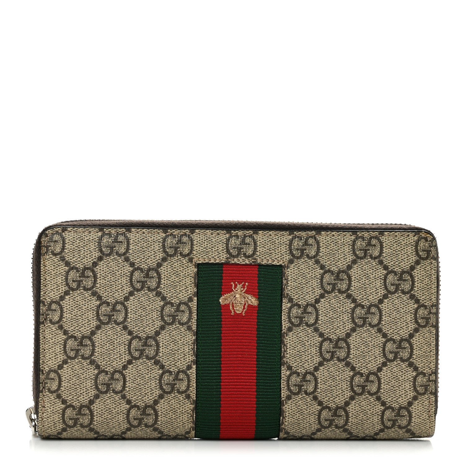 Gucci GG Supreme Monogram Web Bee Zip Around Wallet Beige Cocoa