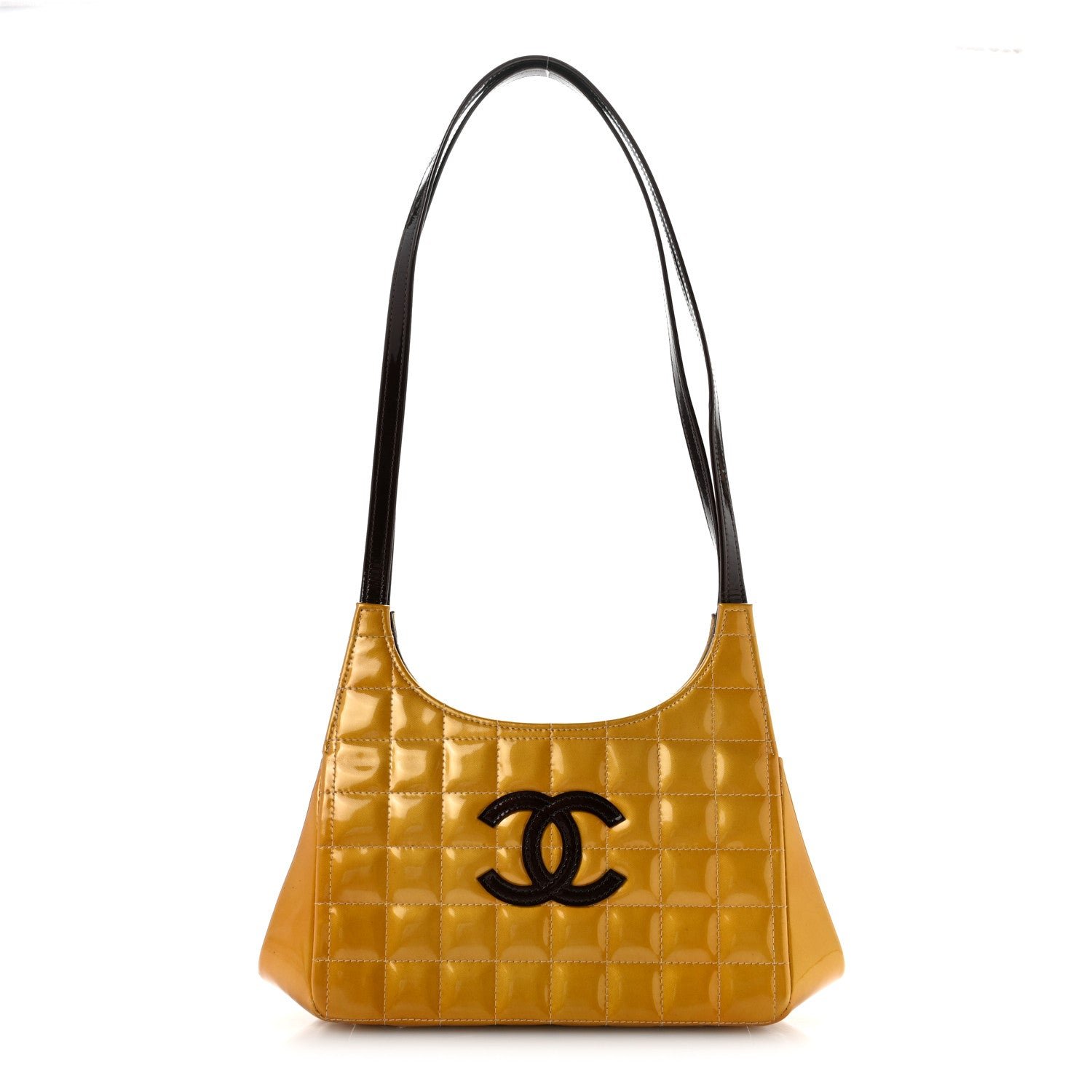 Chanel Patent Metallic Quilted Chocolate Bar Kiss Lock CC Shoulder Bag Gold