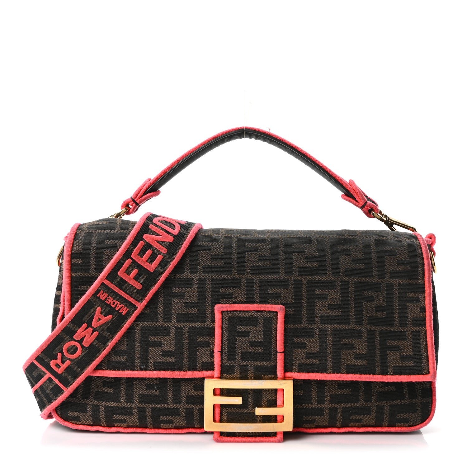 Fendi Fabric Jacquard FF 1974 Large Baguette Tobacco Moro Fuxia Fluo