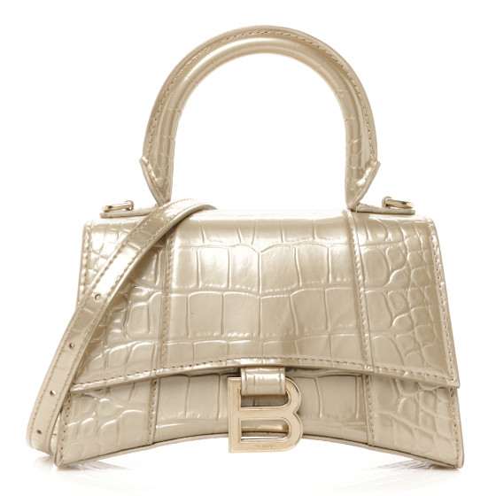 Balenciaga Metallic Shiny Calfskin Crocodile Embossed Hourglass Top Handle Bag XS Light Gold