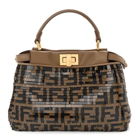 Fendi Vitello Catalan Mirror Sequin FF 1974 Embroidered Mini Peekaboo Iconic Satchel Tobacco Moro Sand Black