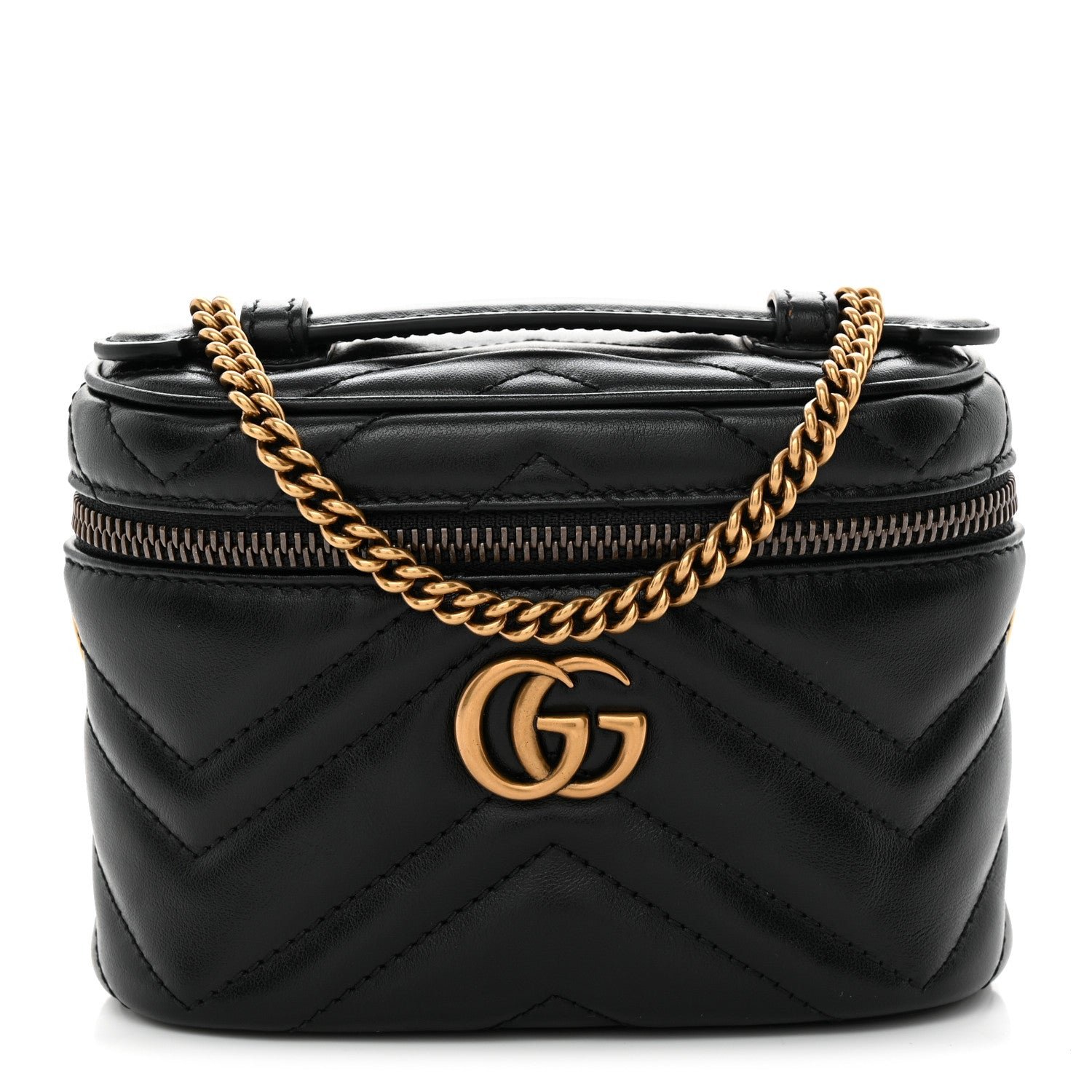 Gucci Calfskin Matelasse Chevron Mini GG Marmont Top Handle Bag Black