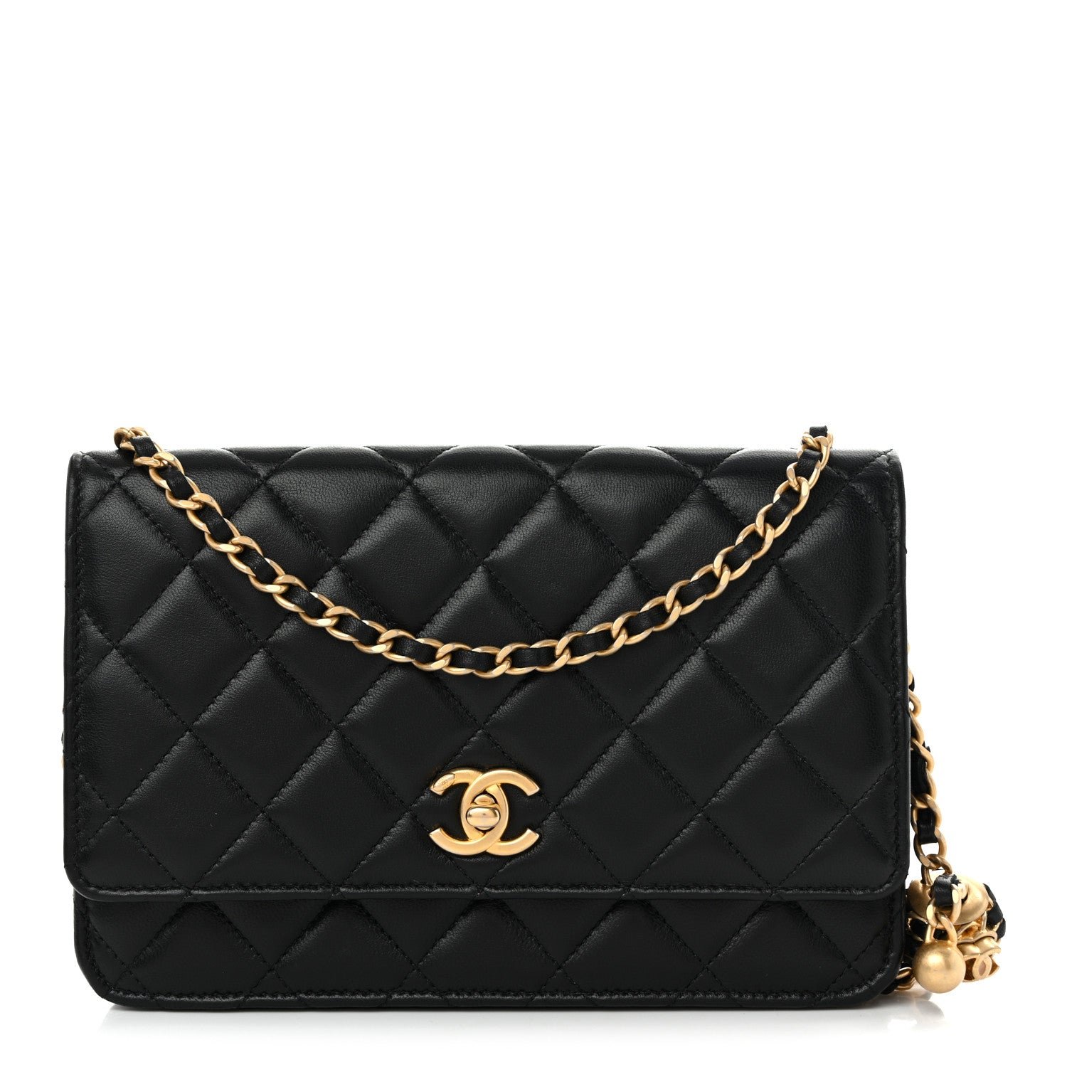 Chanel Lambskin Quilted CC Pearl Crush Wallet on Chain WOC Black