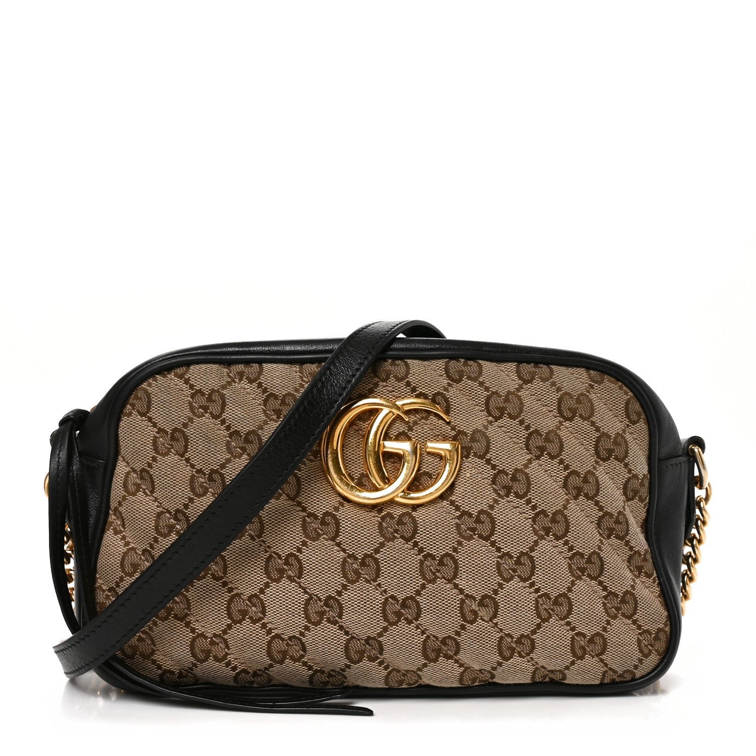Gucci Monogram Matelasse Diagonal Small GG Marmont Chain Shoulder Bag Beige Black