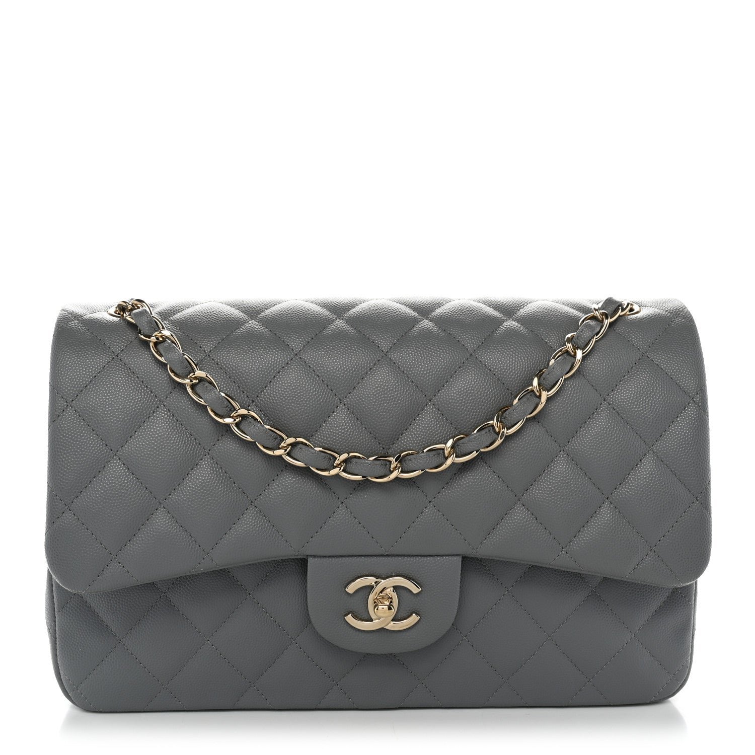 Caviar Quilted Jumbo Double Flap Grey