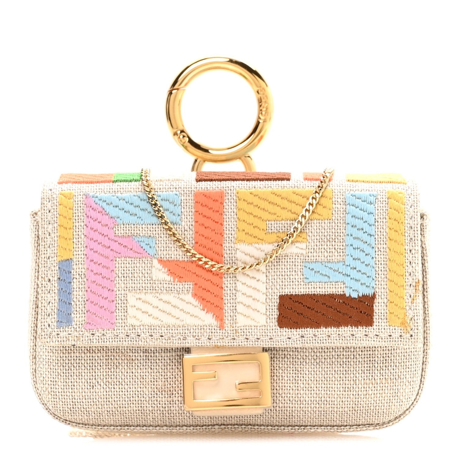 Fendi Kuban Canvas FF Embroidered Nano Baguette Charm Grezzo Multicolor