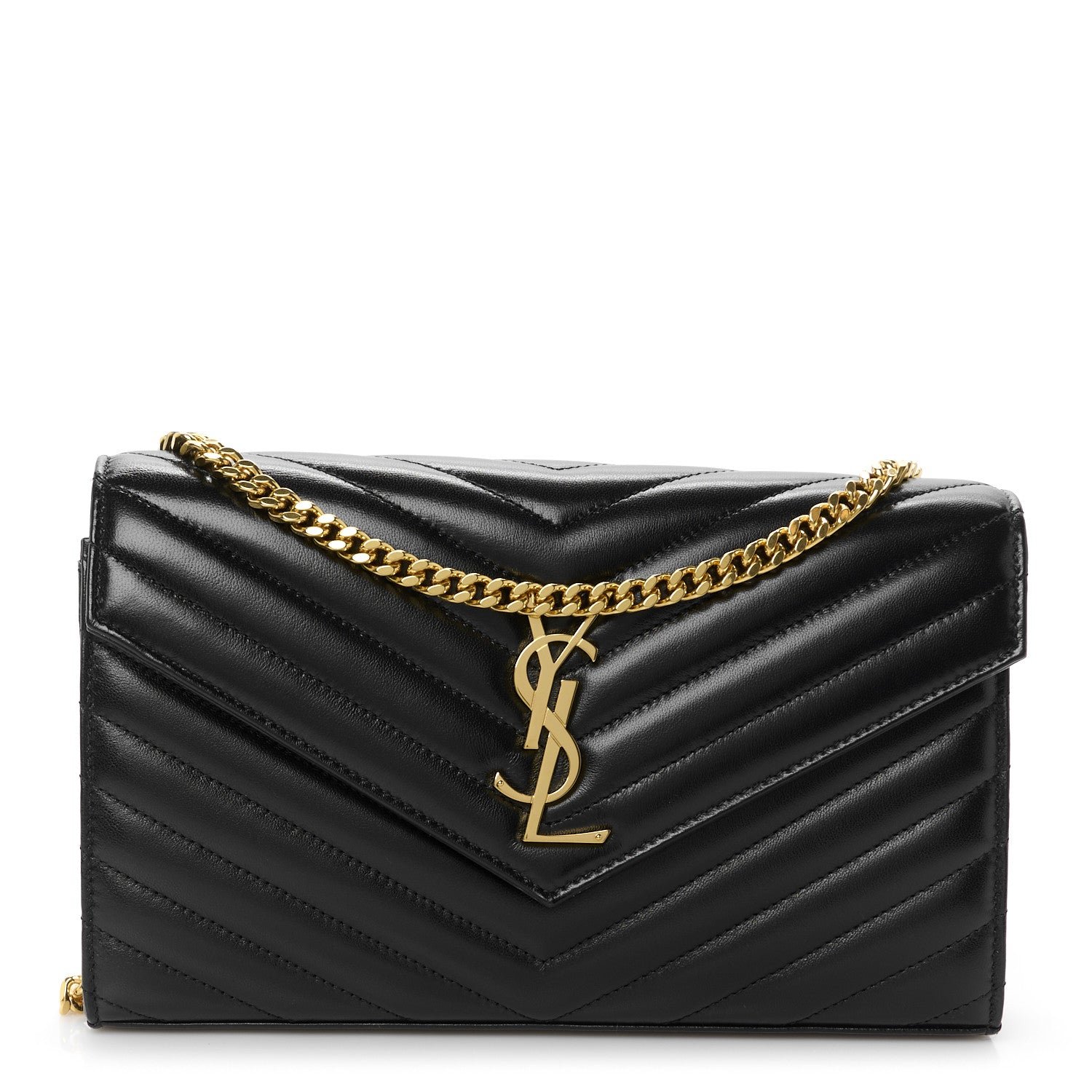 Saint Laurent Lambskin Matelasse Chevron Monogram Chain Wallet Black