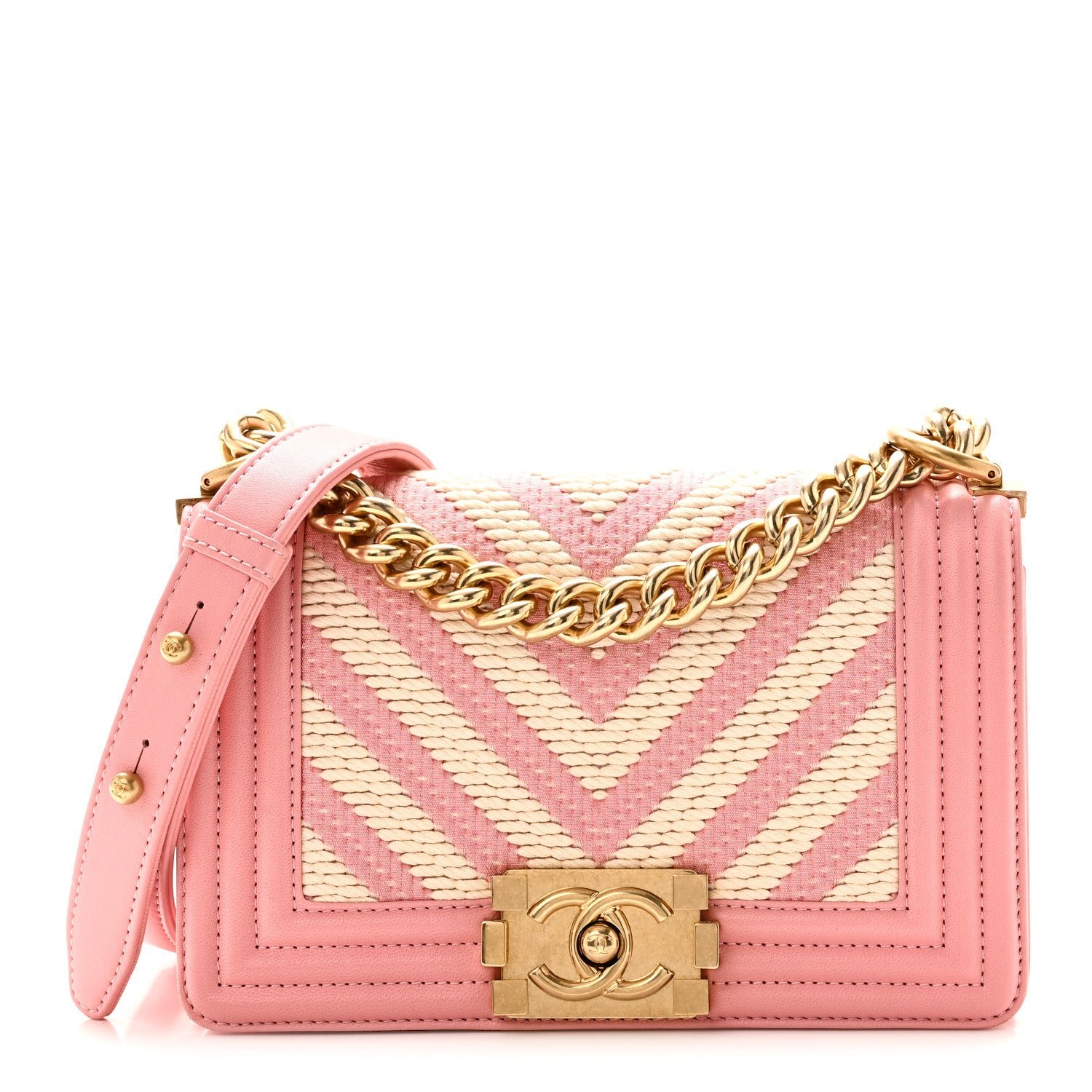 Chanel Fabric Chevron Braided Small Boy Flap Pink Ivory Pink Ivory