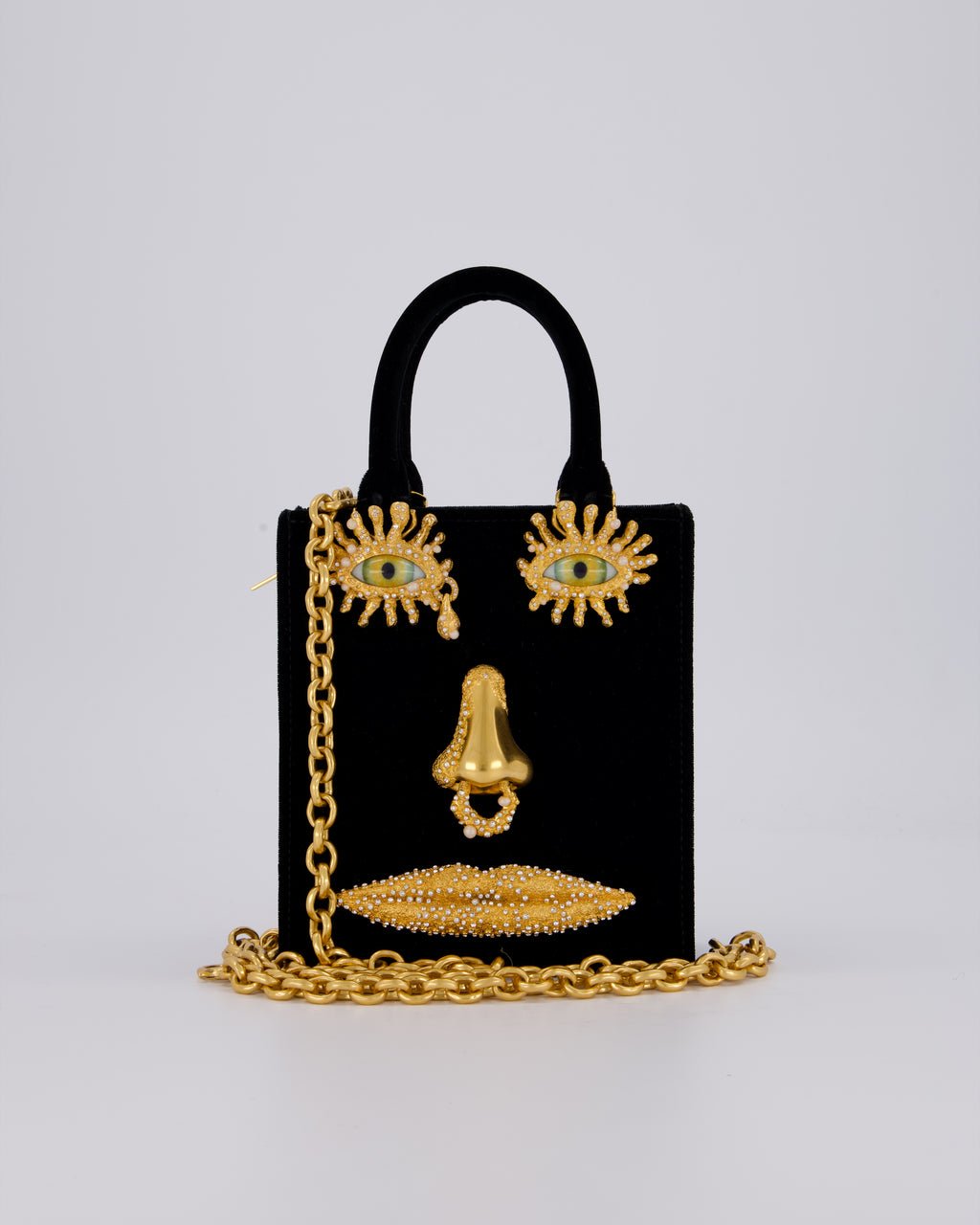 Schiaparelli Mini Face Velvet Jewellery Top Handle Bag in Black with Crystal Embellishments and Surrealist Face Details with Gold Hardware