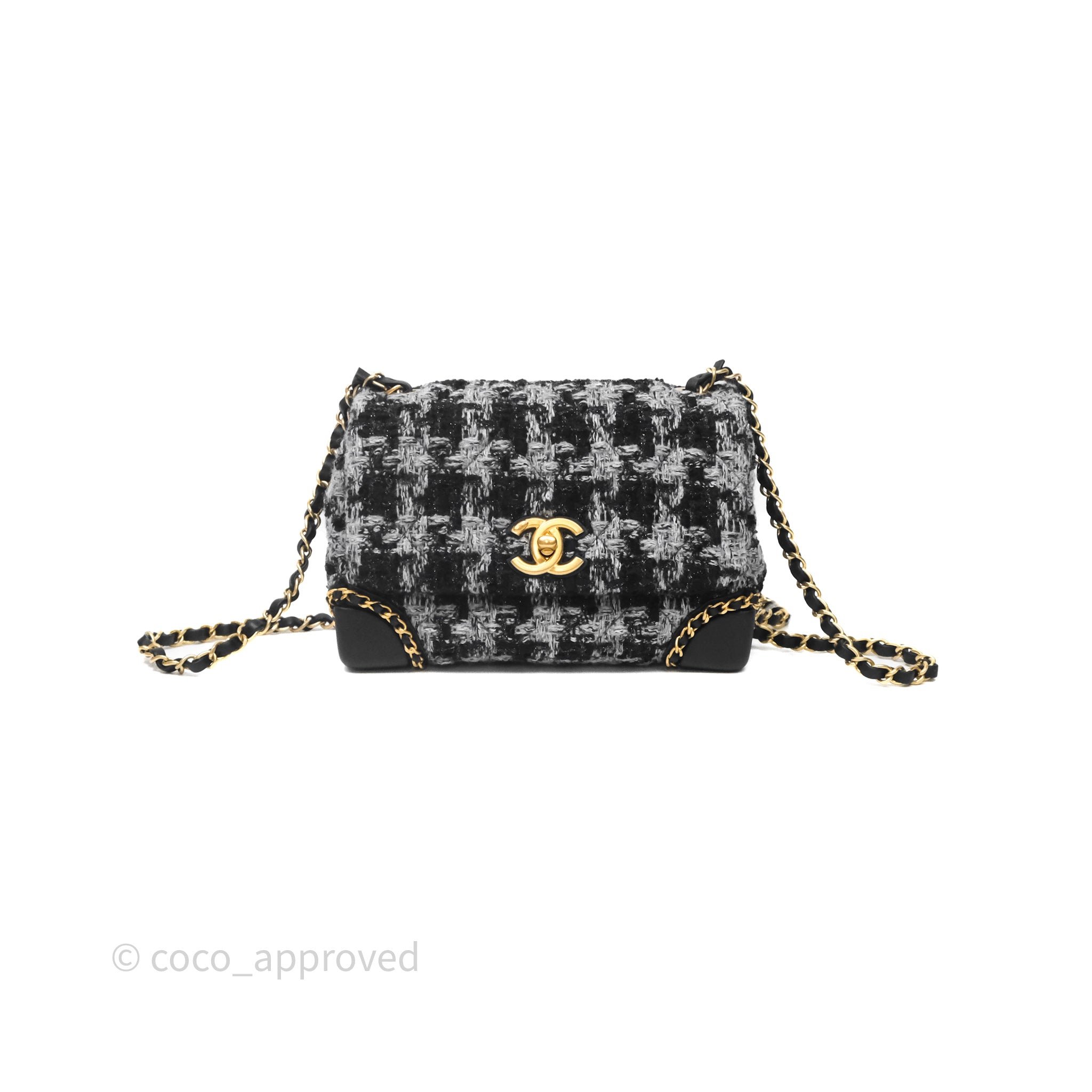 Chanel Mini Flag Bag Black & Grey Tweed Aged Gold Hardware